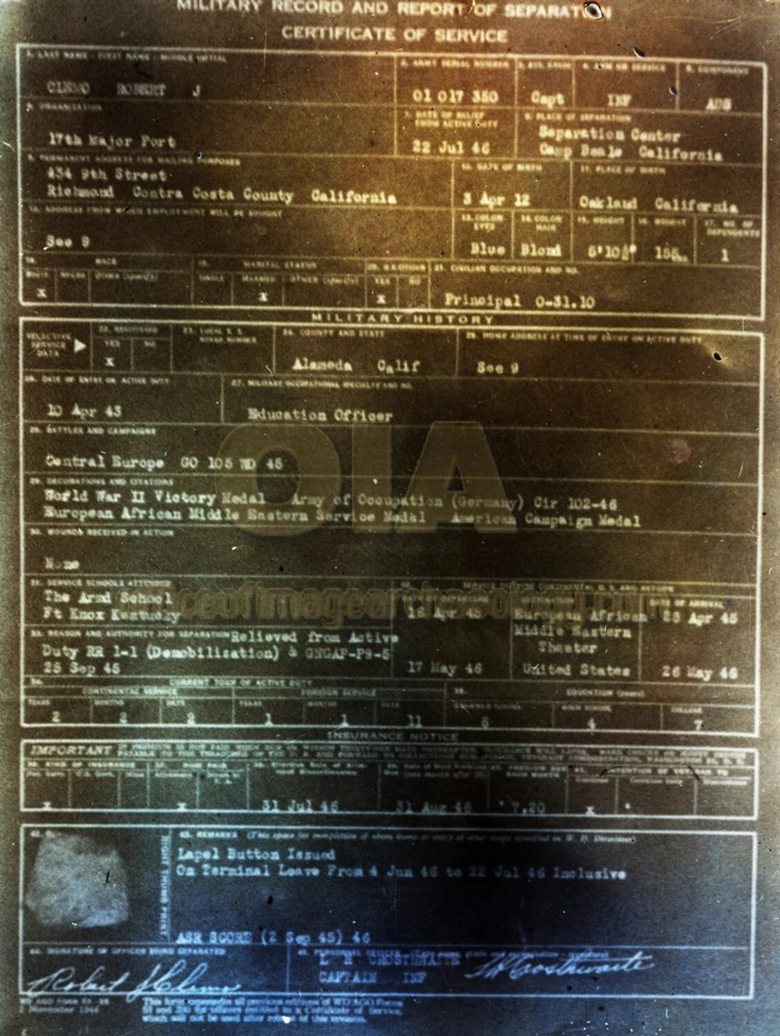 WD AGO Form 53-55 - Certificate of Service for Capt. Robert J. Cierno, 17th Major Port, 1946