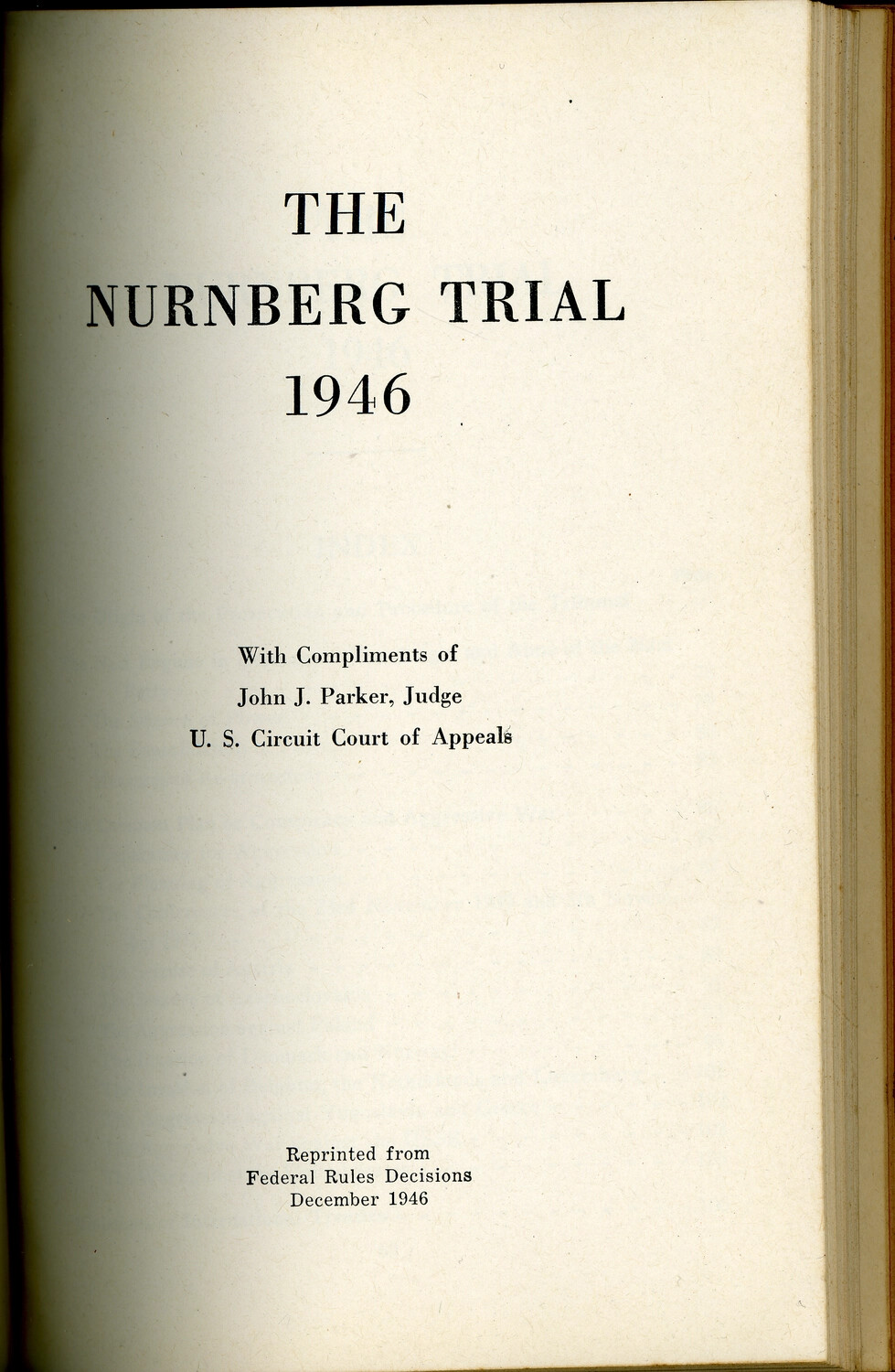 Title Page, "The Nurnberg Trial 1946" Pamphlet, Compliments of Judge John J. Parker