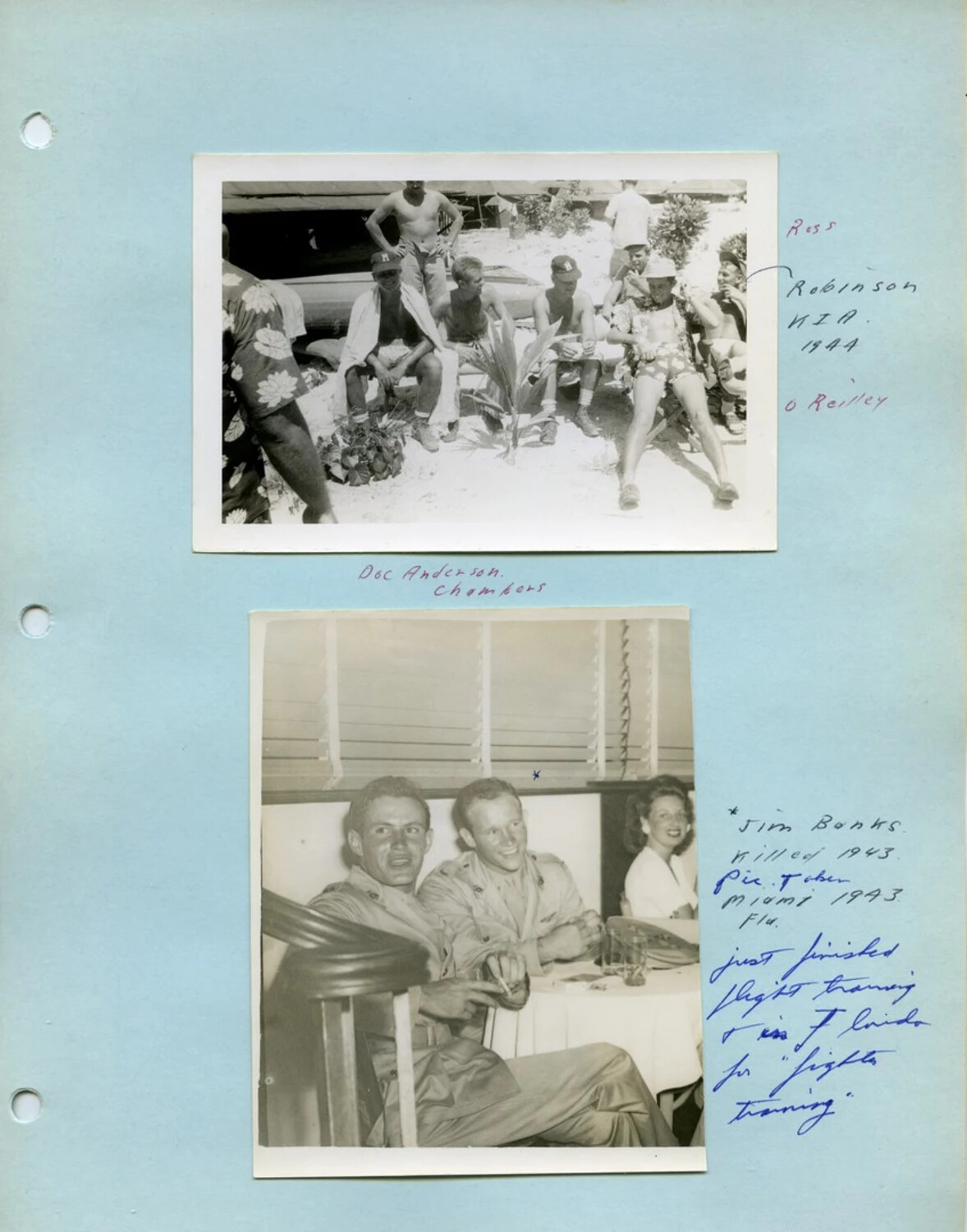 WWII Photo Album Page, McAleer Collection — Servicemen Group Portrait and Jim Banks (KIA 1943) Restaurant Photo