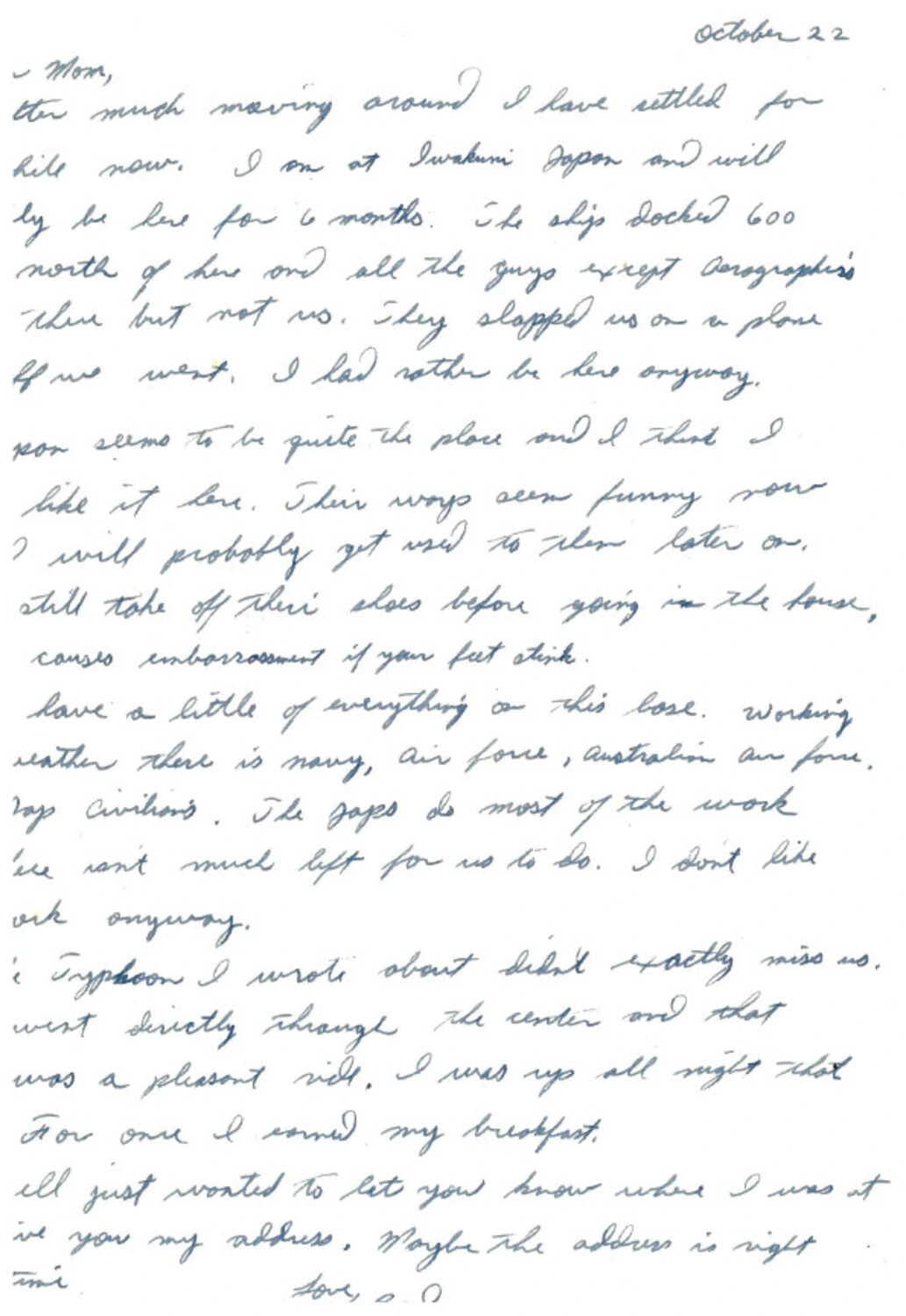 Handwritten Letter Home from Iwakuni, Japan, Dated October 22 (Korean War Era)