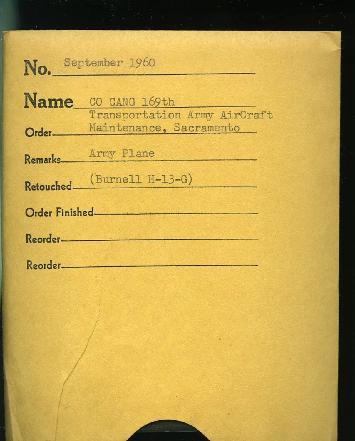 Photo Lab Order Envelope – CO CANG 169th Transportation, Bell H-13-G Helicopter, Sacramento, September 1960