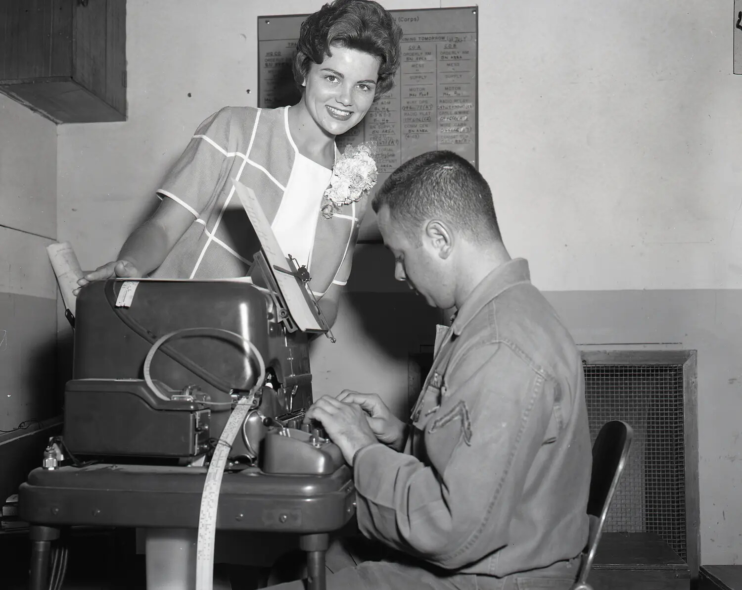 Miss California Observes Teletype/Message Center Equipment, National Guard Command Post, July 1960
