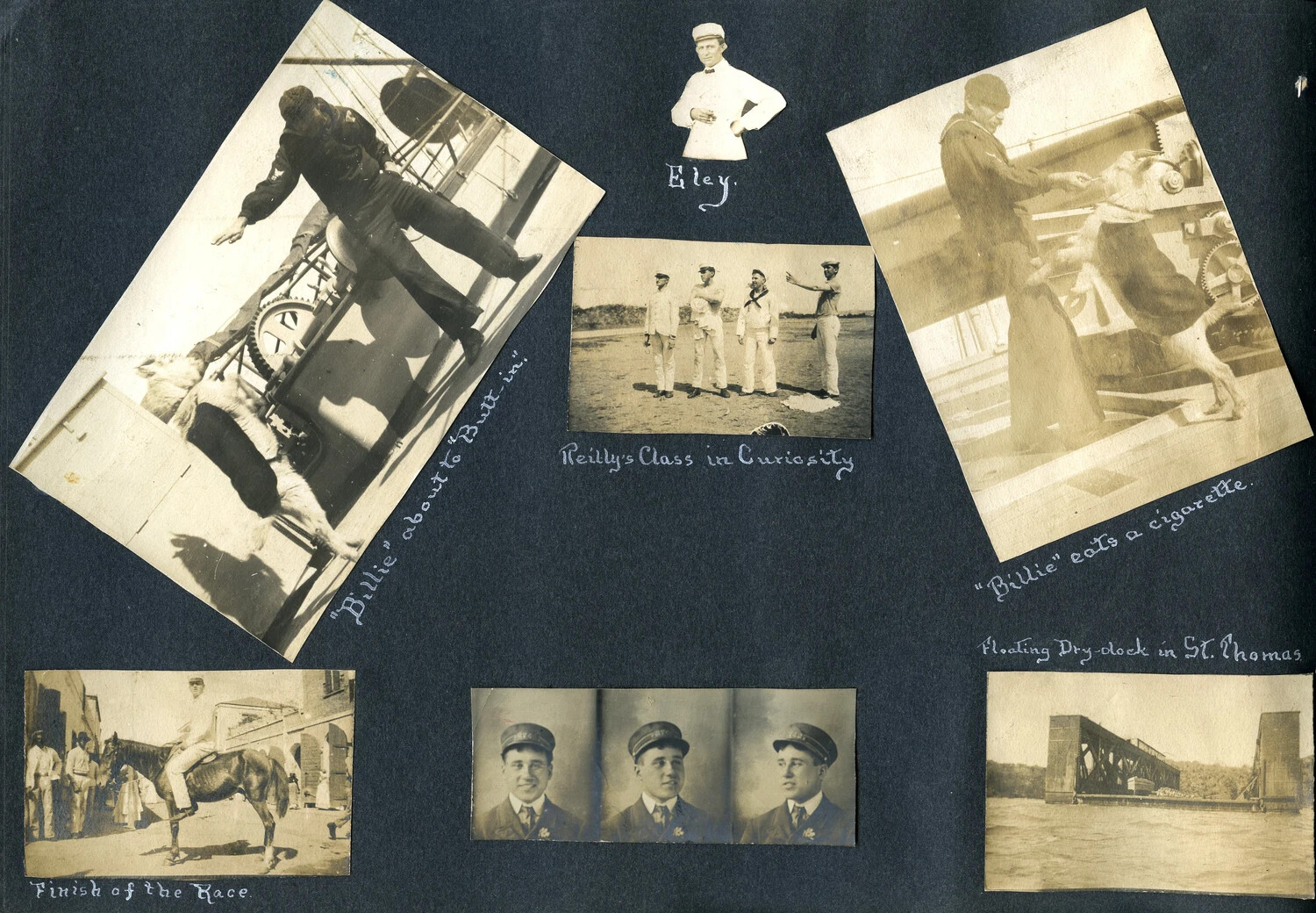 Album Page: 'Billie' the Ship's Goat, Shipmate Portraits, and Floating Dry-dock at St. Thomas (USS Columbia Album, c. 1900s)