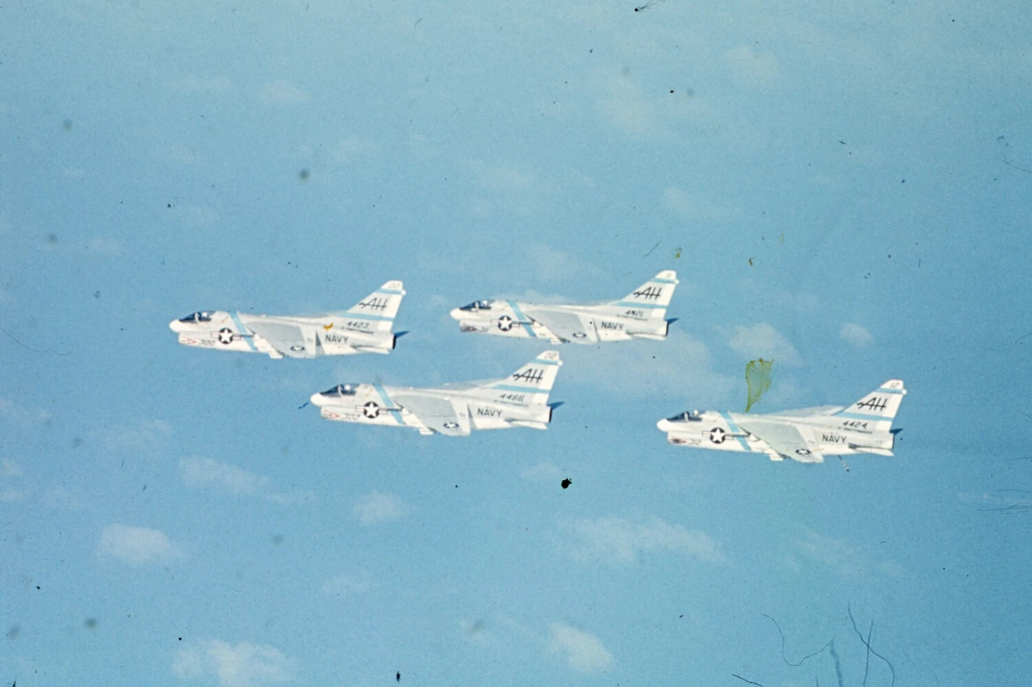 Formation of Four U.S. Navy A-7 Corsair II Attack Aircraft in Flight, Vietnam War Era
