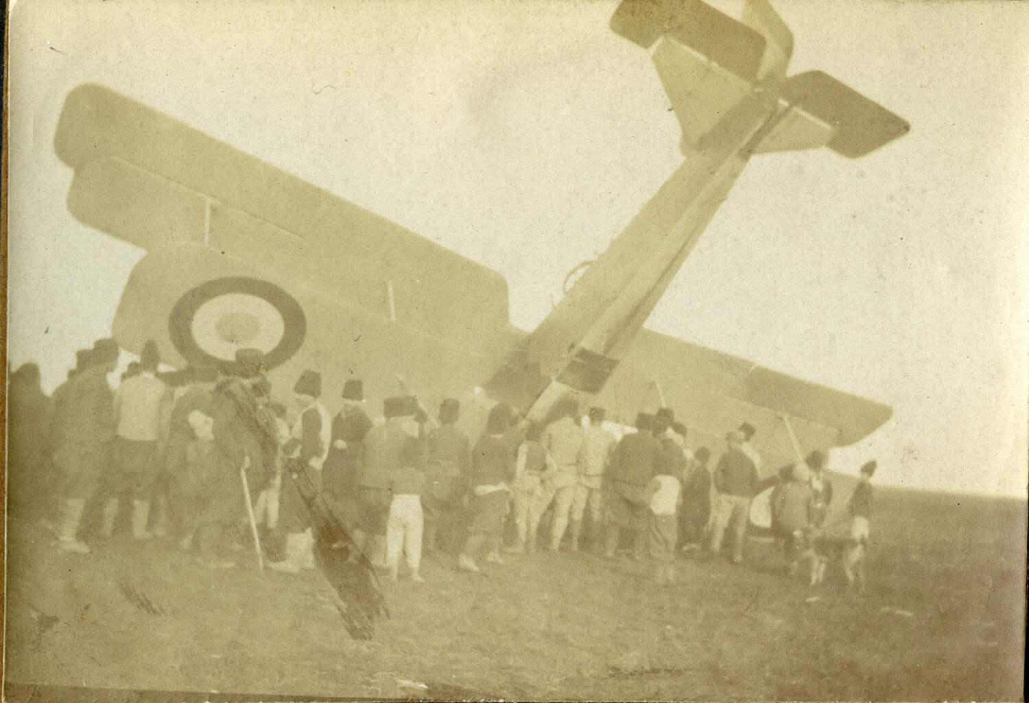 Nosed-Over French Military Biplane with Ground Crew, WWI Pilot's Album