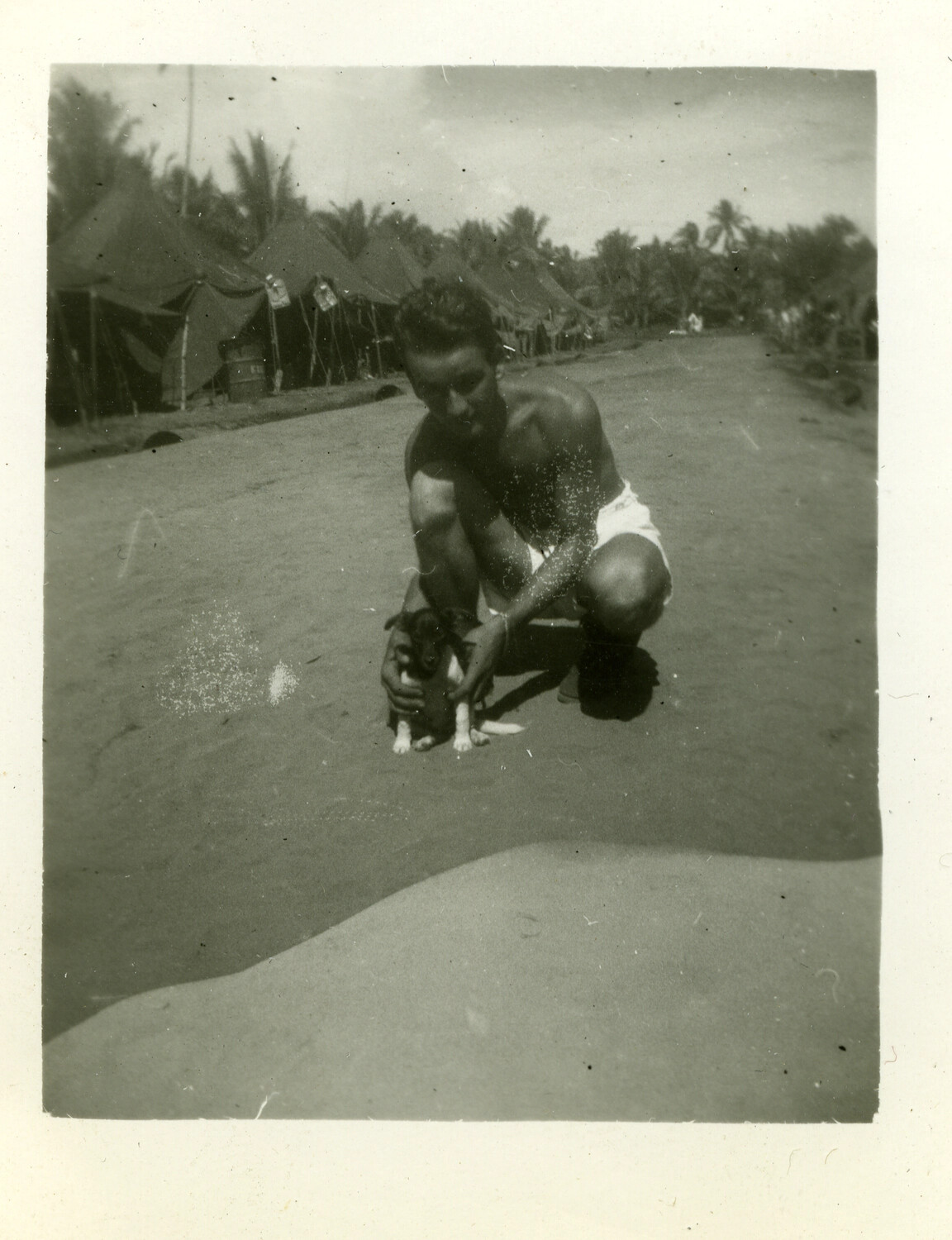 Serviceman with Camp Mascot Dog, Pacific Island Encampment, WWII Era