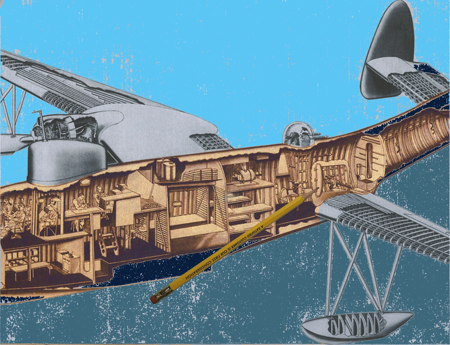 Cutaway Illustration of U.S. Navy Flying Boat Mid-Section with .50 Caliber Waist Gun Position, Overlaid with Promotional Pencil Graphic