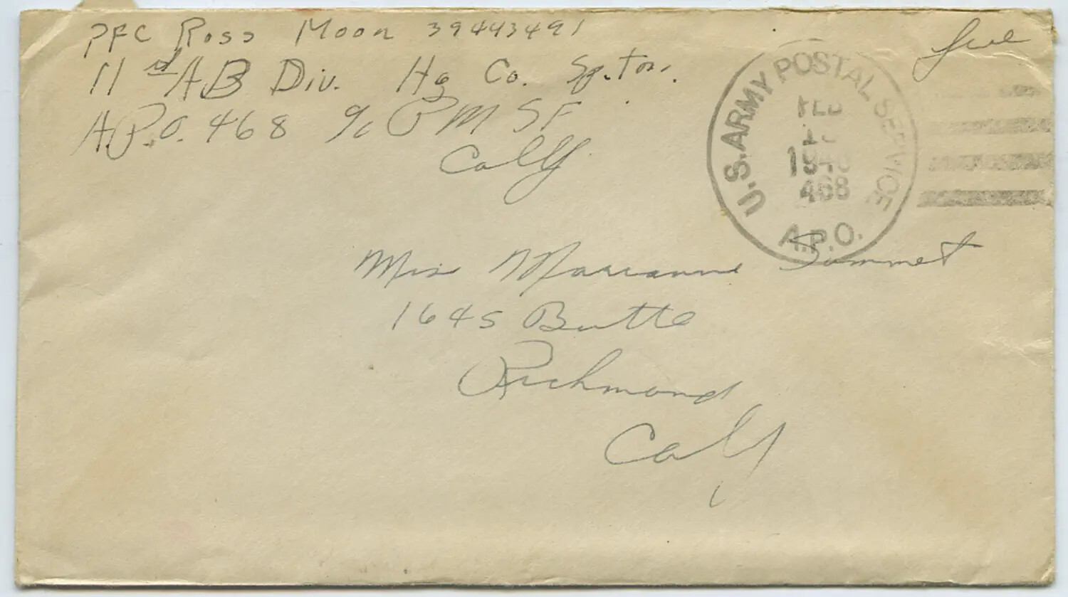 WWII V-Mail Cover: PFC Ross Moon, 11th Airborne Division, APO 468, to Mrs. Marianne Sammet, Richmond, California