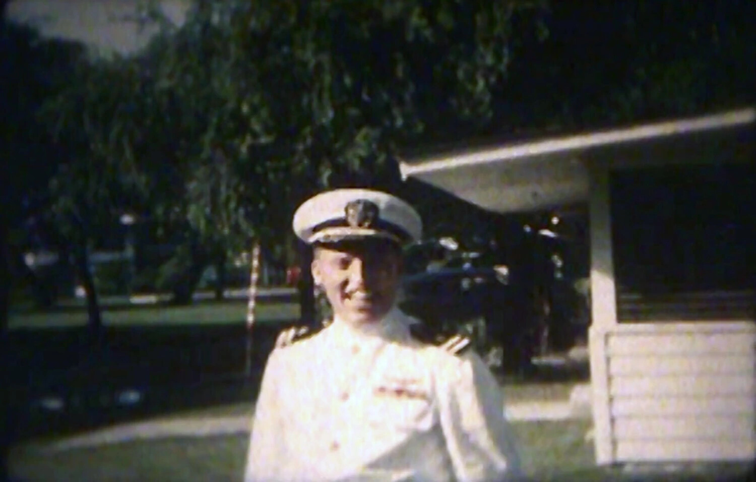 U.S. Navy Officer in White Service Dress Uniform, Outdoor Portrait — Kaneohe-Area Home Movie Still