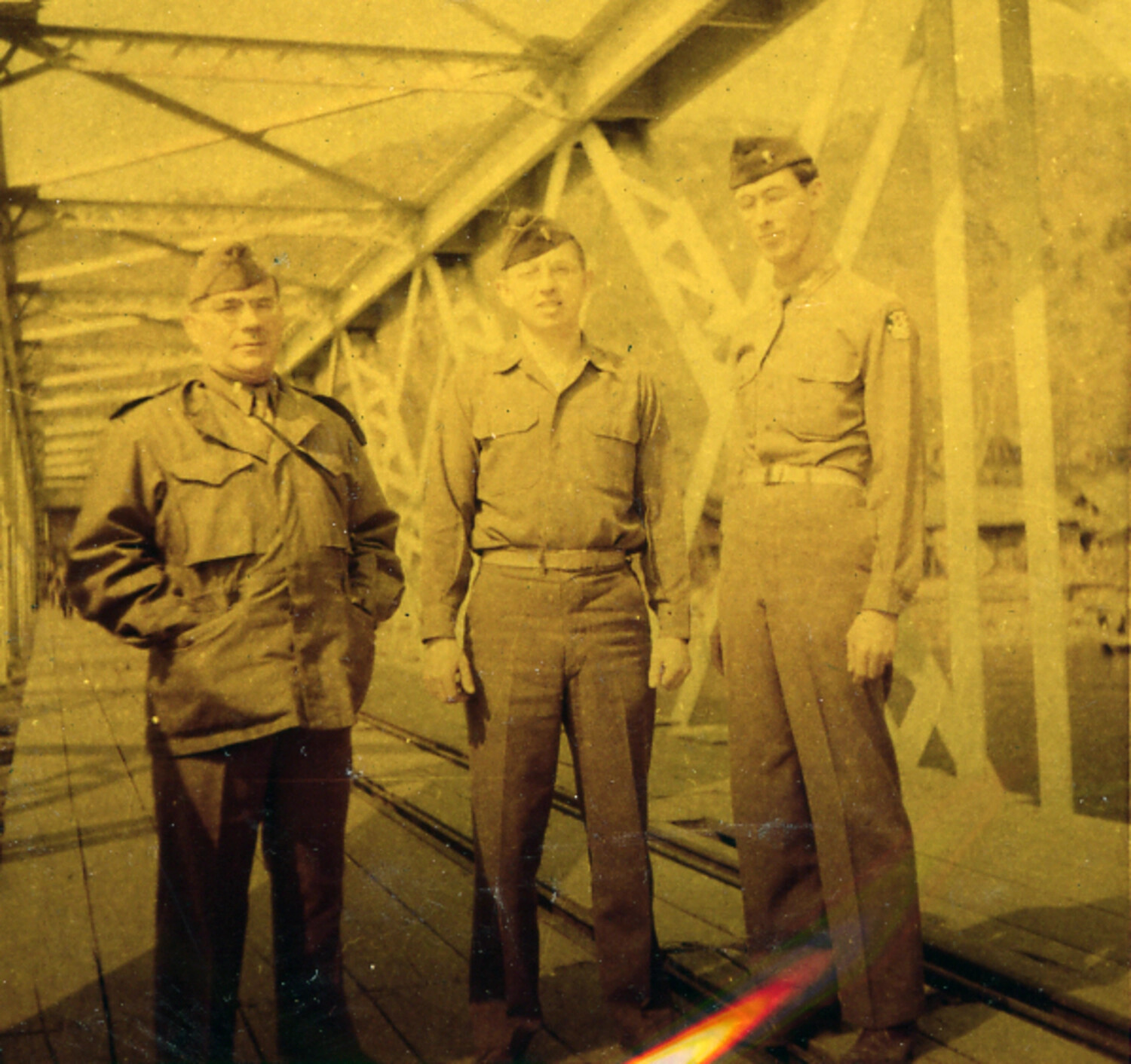 Three U.S. Servicemen on Steel Truss Bridge, Occupied Japan, Early 1950s
