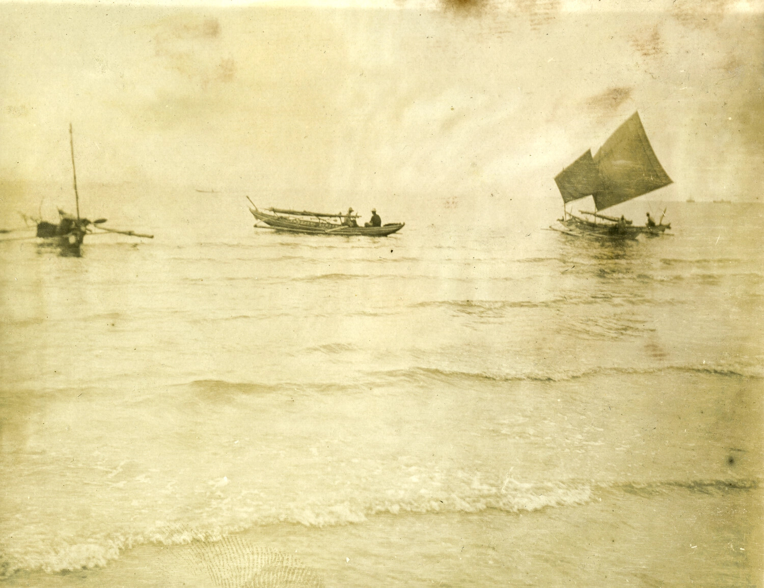 Filipino Outrigger Sailboats Near Shore, Philippines, Early 1900s - Carl Stone Album