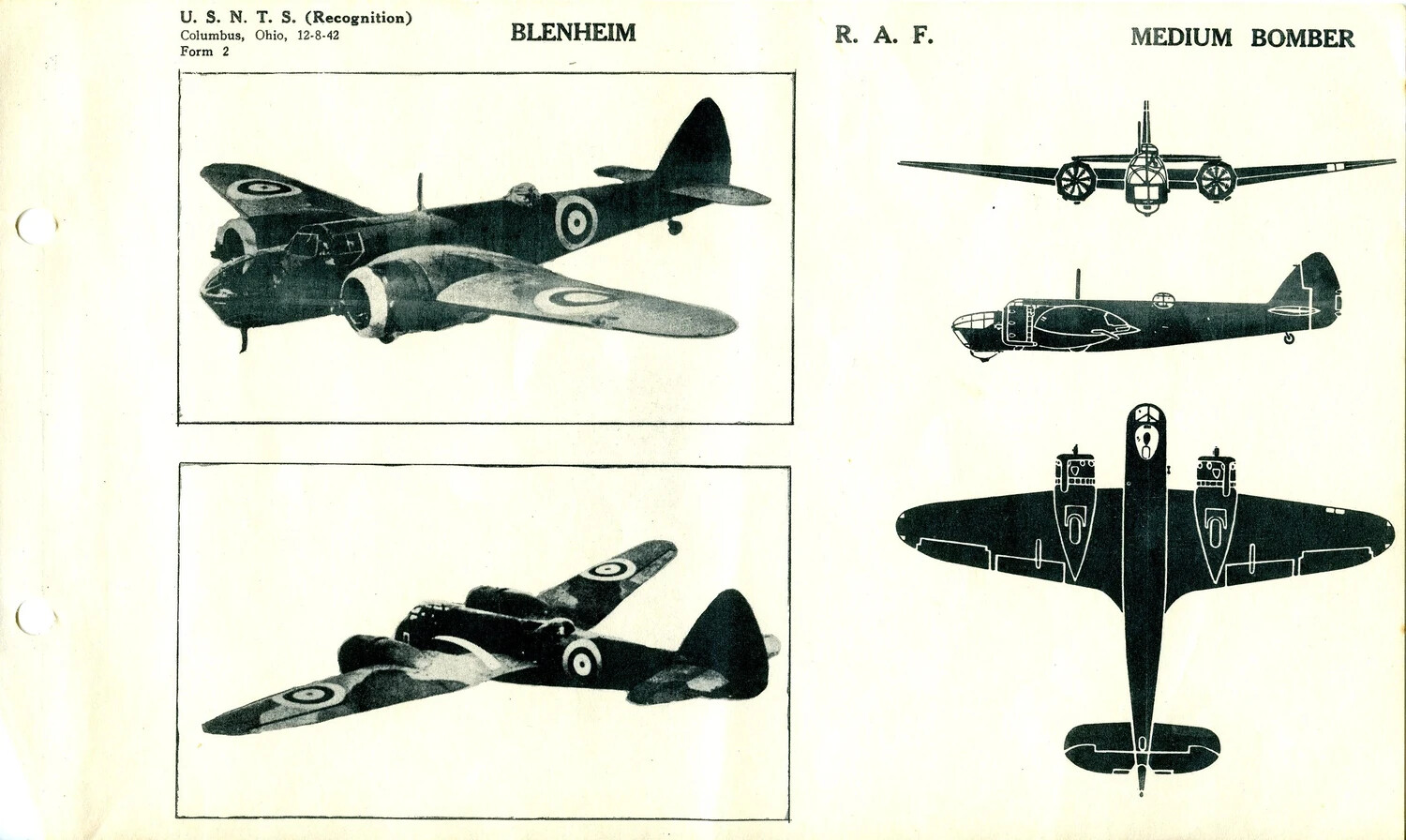 USNTS Aircraft Recognition Training Card: Bristol Blenheim, R.A.F. Medium Bomber (Form 2, 12-8-42)
