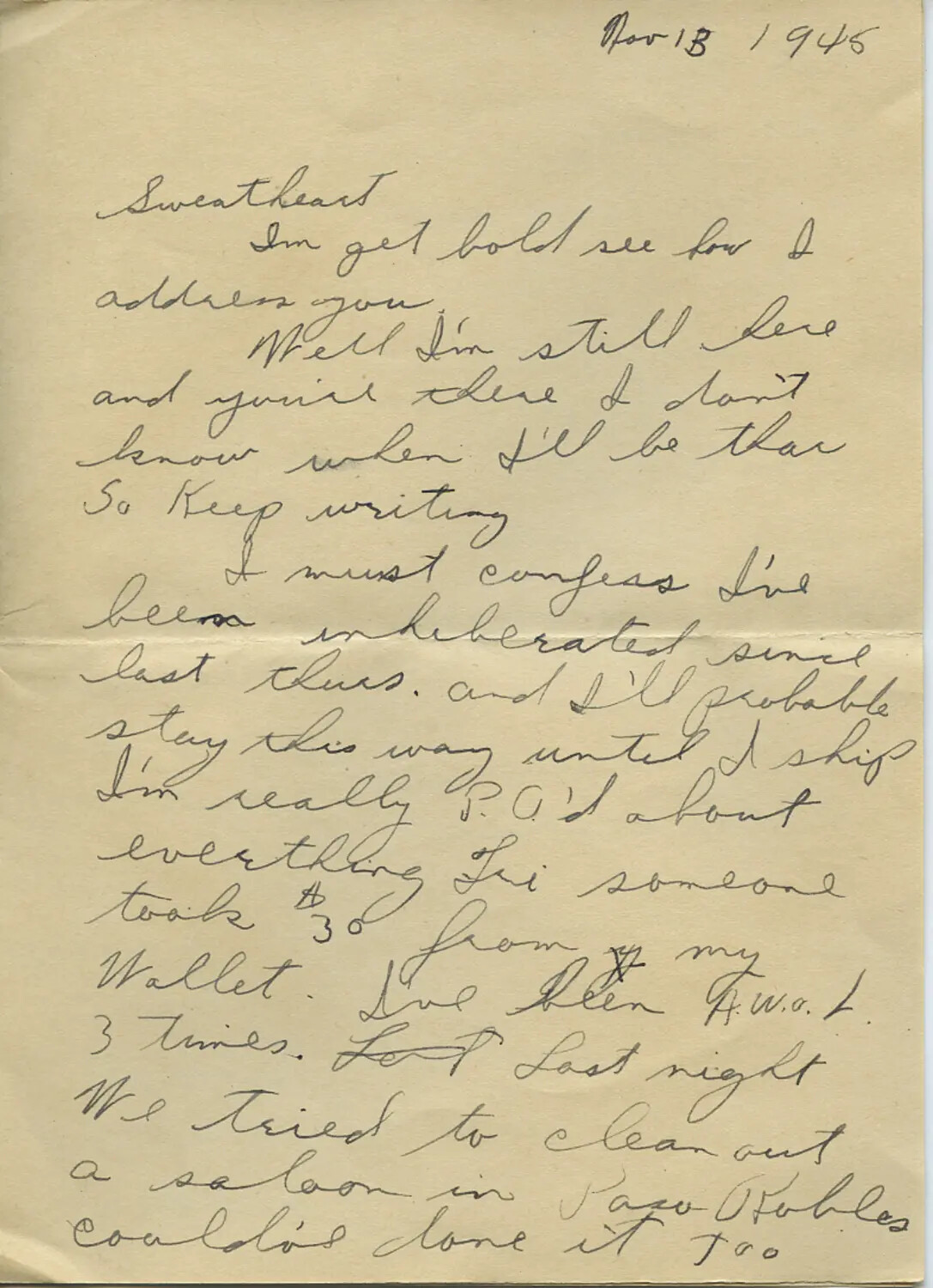 Handwritten Letter, 'Moon' to Sweetheart, Nov. 13, 1945 (Moon-Sammie WWII Letters Collection)