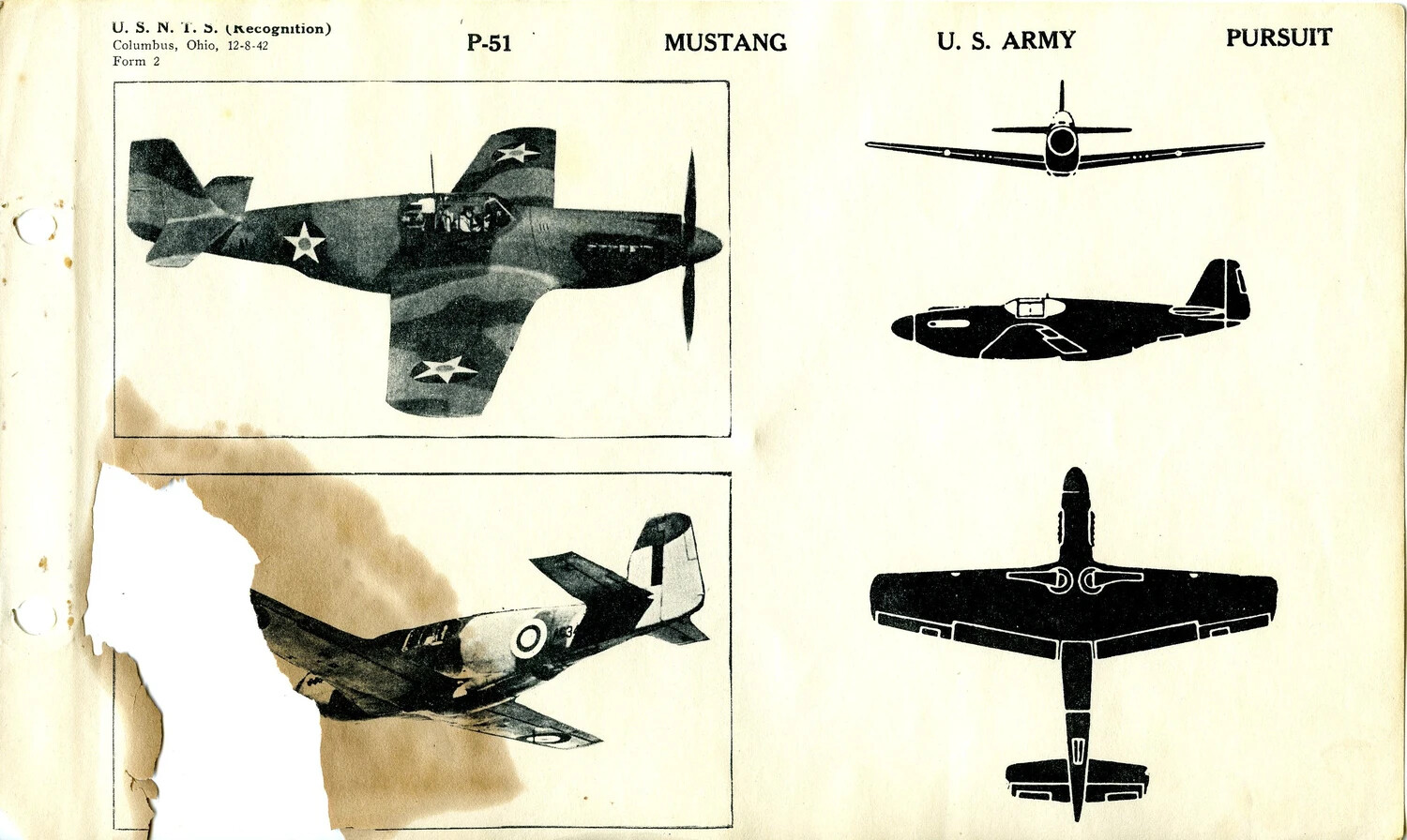 USNTS Aircraft Recognition Training Page: North American P-51 Mustang, U.S. Army Pursuit (Form 2, 12-8-42)