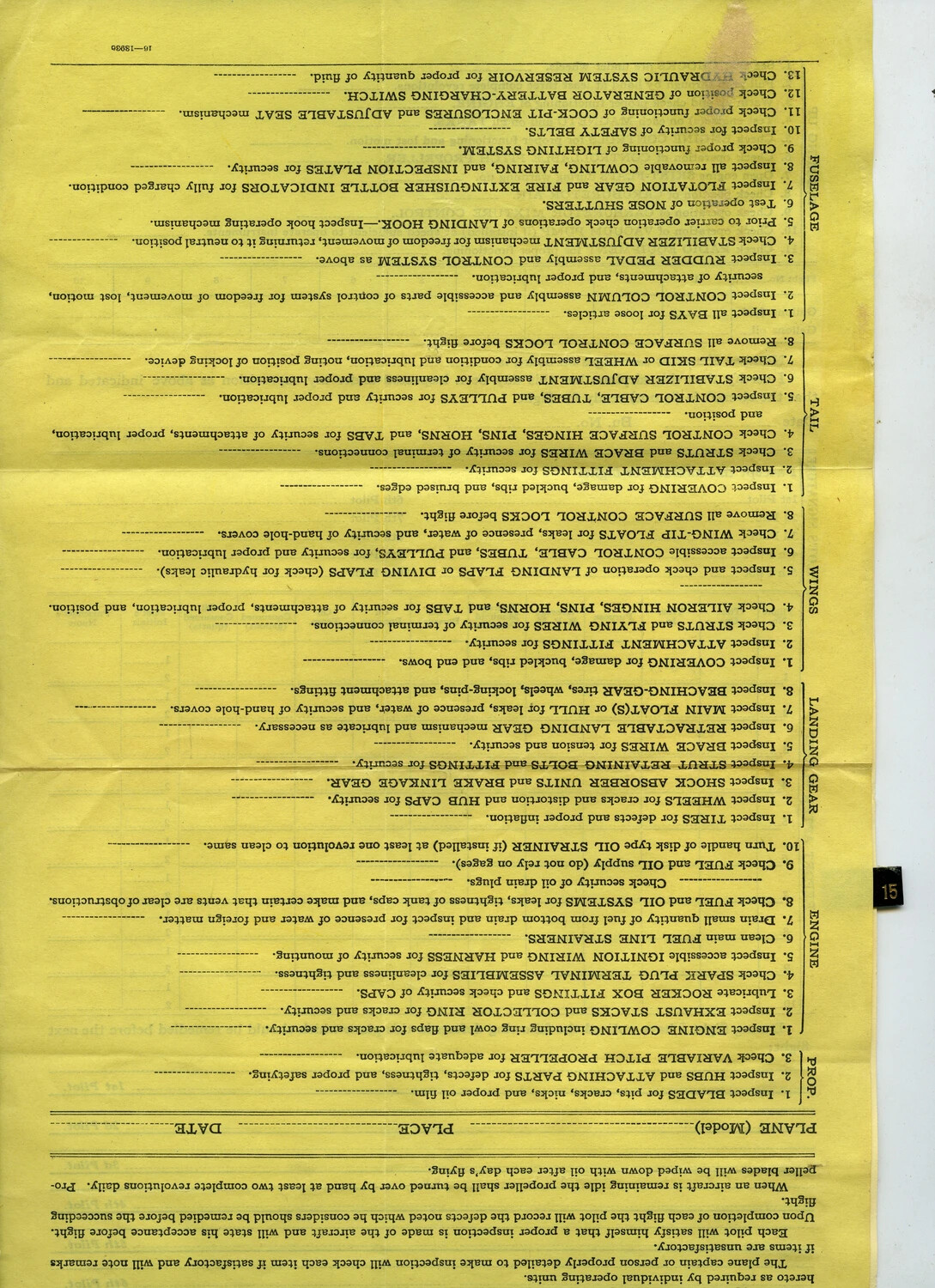 U.S. Navy Aircraft Pre-Flight Inspection Checklist, Page 15 (Yellow Carbon Copy)