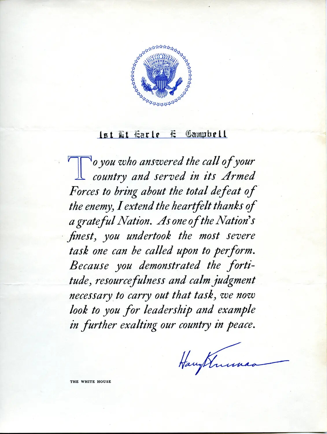 Presidential Letter of Appreciation to 1st Lt. Earle E. Campbell, The White House, Harry S. Truman