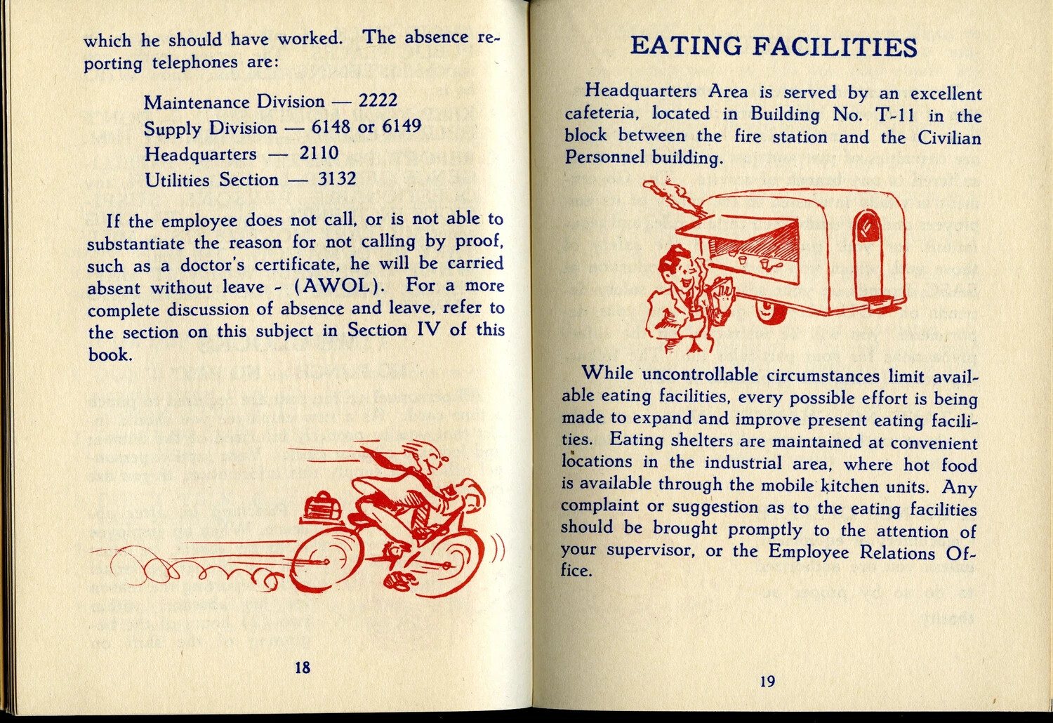 McClellan Field Personal Guide Booklet, Pages 18-19: Absence Reporting and Eating Facilities