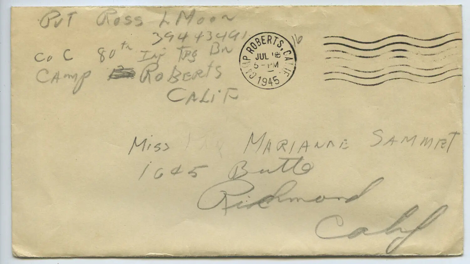 WWII Correspondence Envelope: Pvt. Ross L. Moon, Camp Roberts, California, to Marianne Sammiet, Richmond, California, July 1945