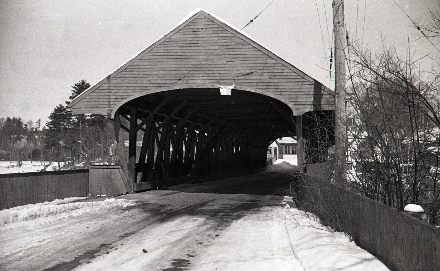 Snow-Covered Wooden Covered Bridge, Stateside Negative Collection, WWII Era
