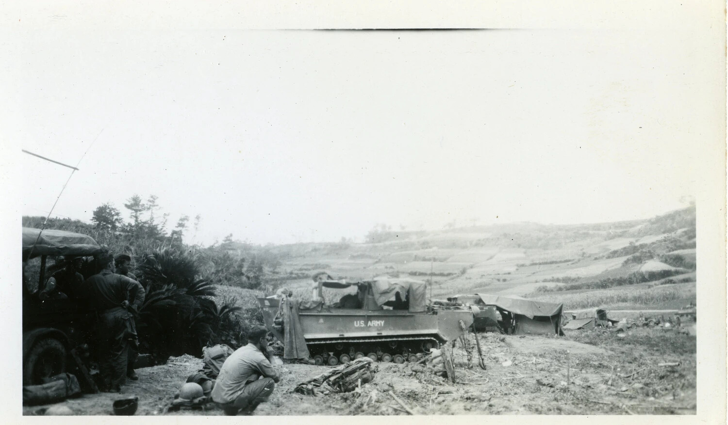 U.S. Army Tracked Vehicle and Jeep in Field Encampment, Likely Okinawa, 1945 (Companion View)