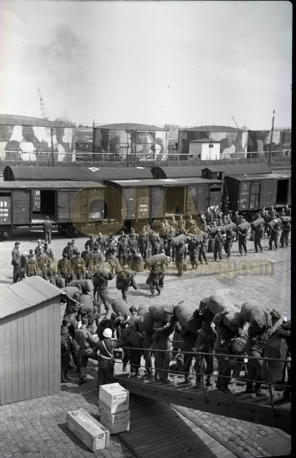 American Troops Boarding Transport Ship with Duffel Bags, Port of Bremerhaven, Germany