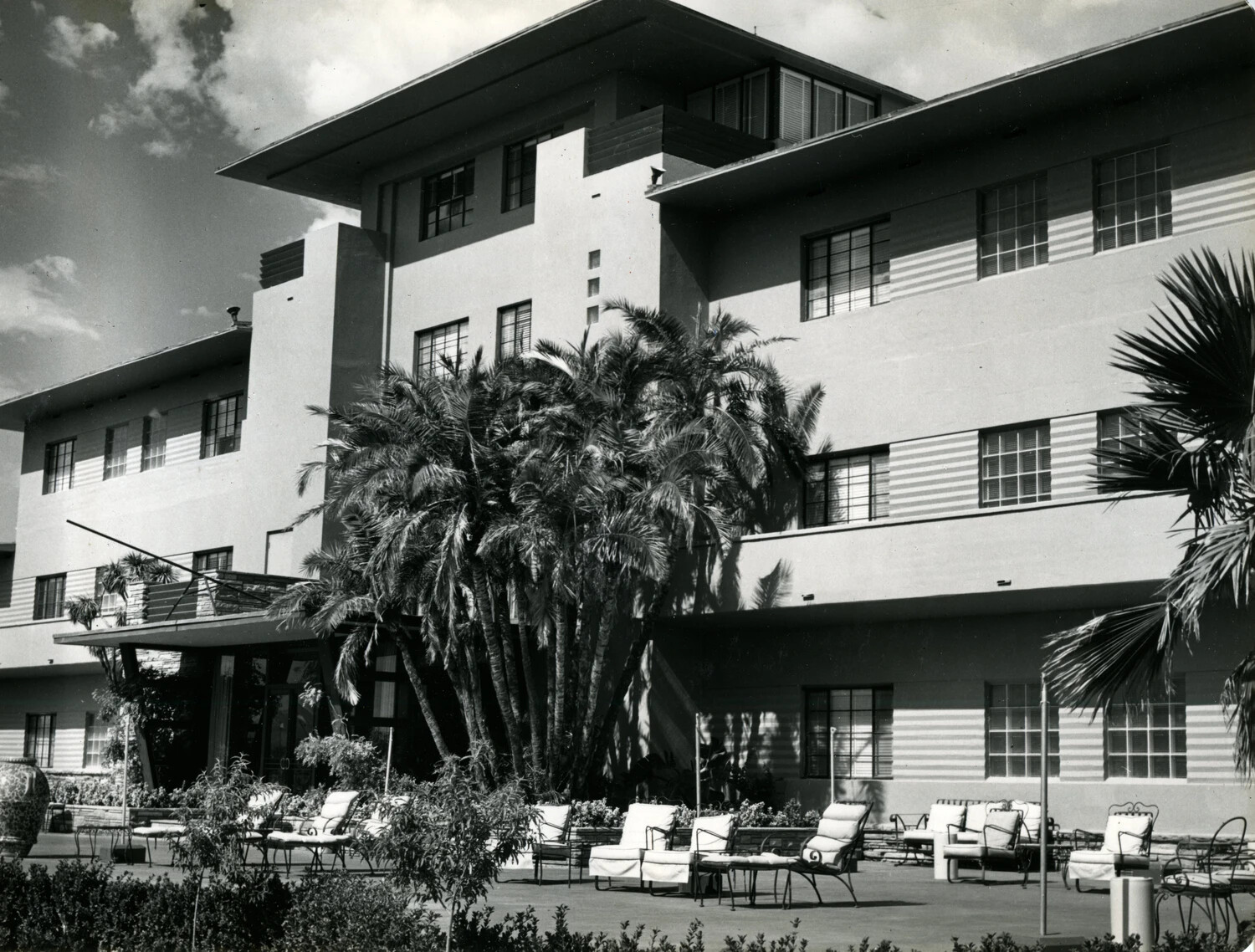 Streamline Moderne Hotel or Resort Building with Palm-Lined Terrace, 1949