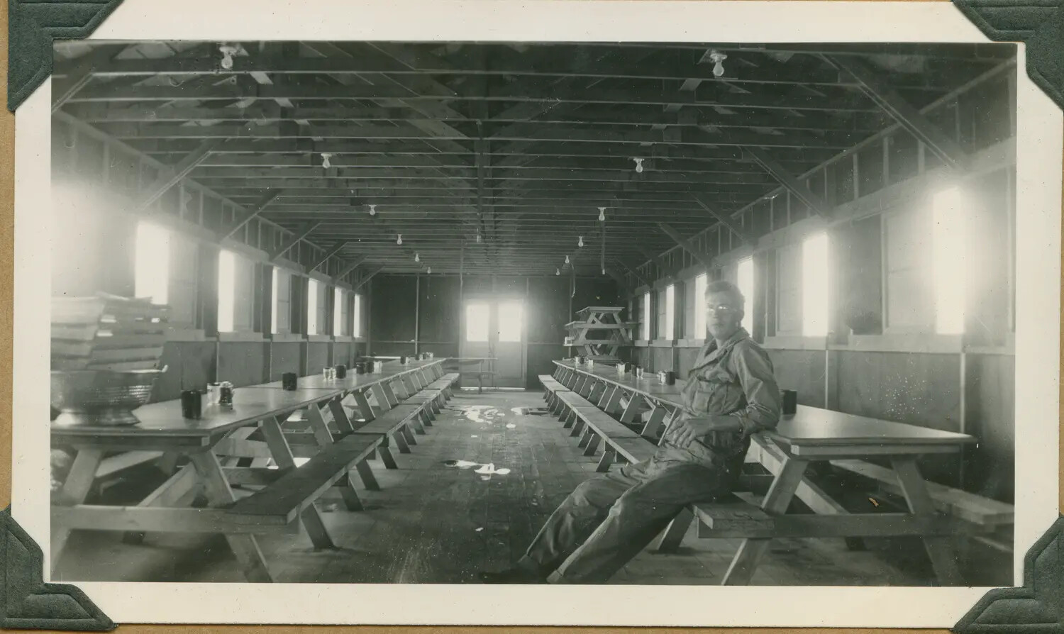 Interior of Military Camp Mess Hall with Soldier ('Cpl Cox'), Big Island of Hawaii, WWII