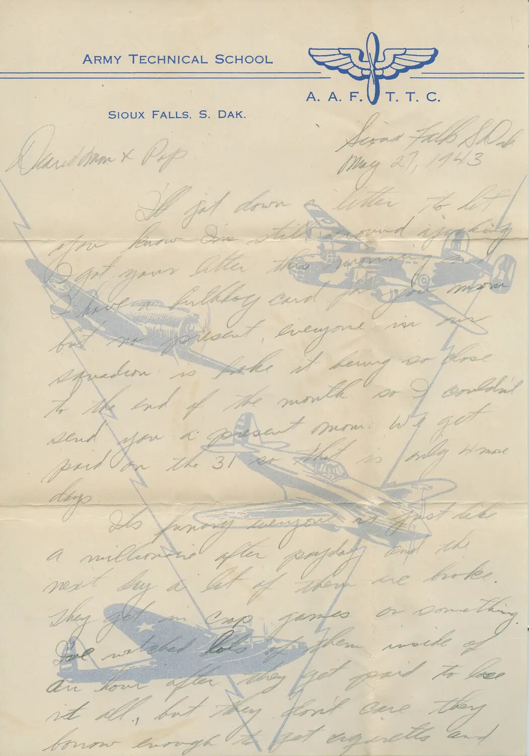 Handwritten Letter Home from Army Technical School, Sioux Falls, South Dakota, 27 May 1943