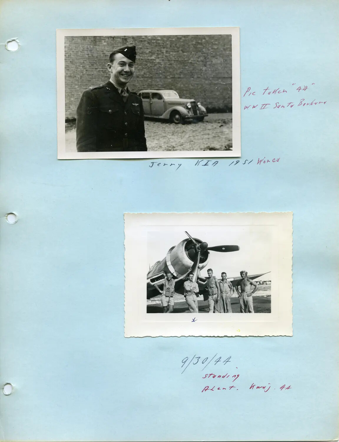 McAleer Photo Album Page: Aviator Portrait ('Jerry,' KIA Korea 1951) and Ground Crew at Kwajalein, 1944
