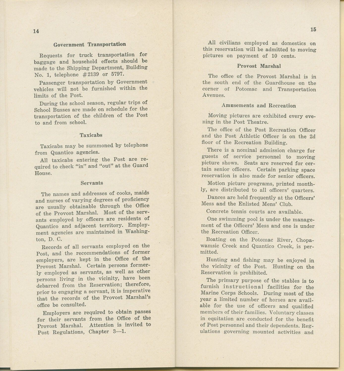 Marine Corps Base Quantico Orientation Booklet, Pages 14-15 — Pat McAleer Document Collection