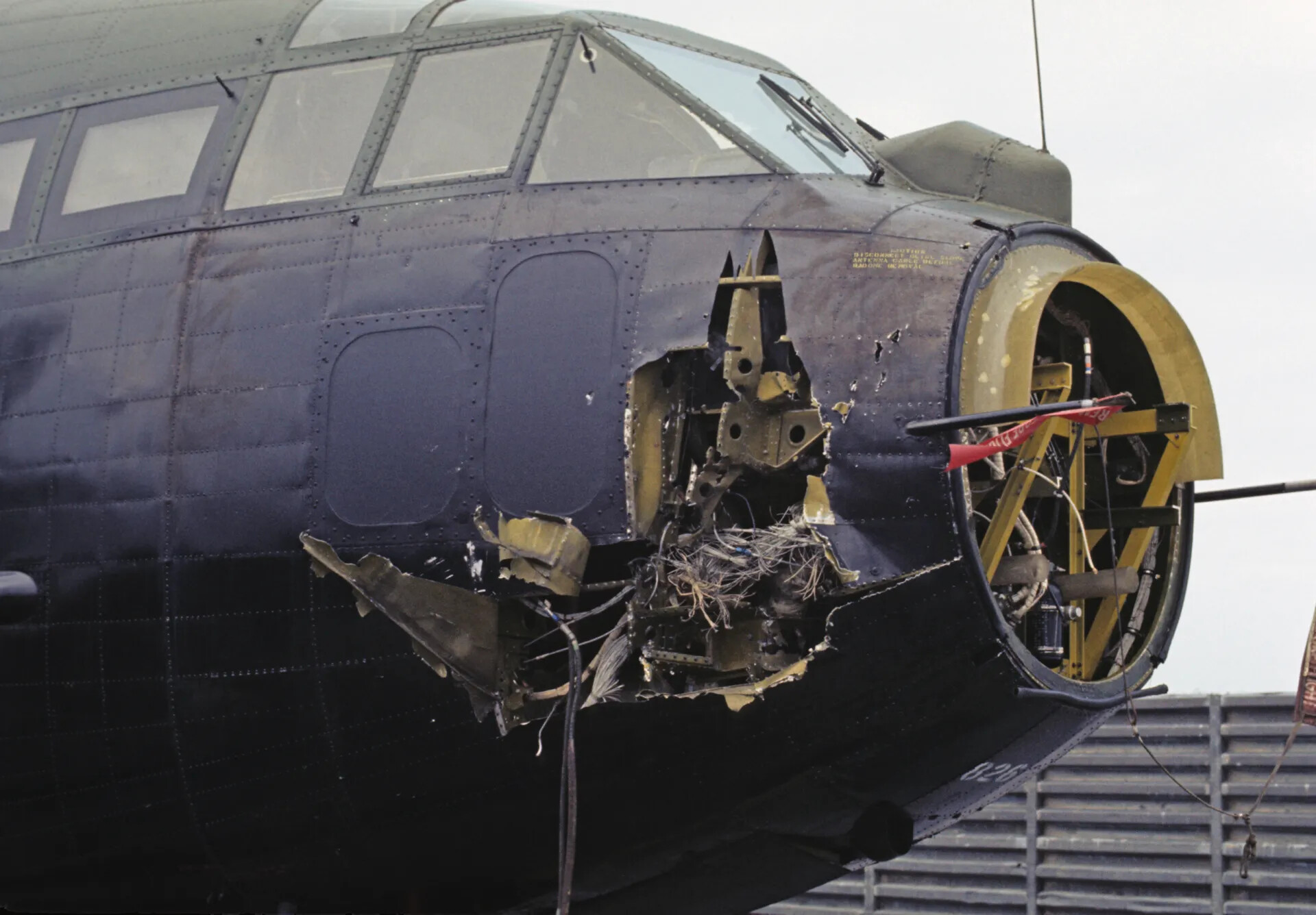 Close-Up of Battle or Mishap Damage to Aircraft Nose Section, Serial Number 826