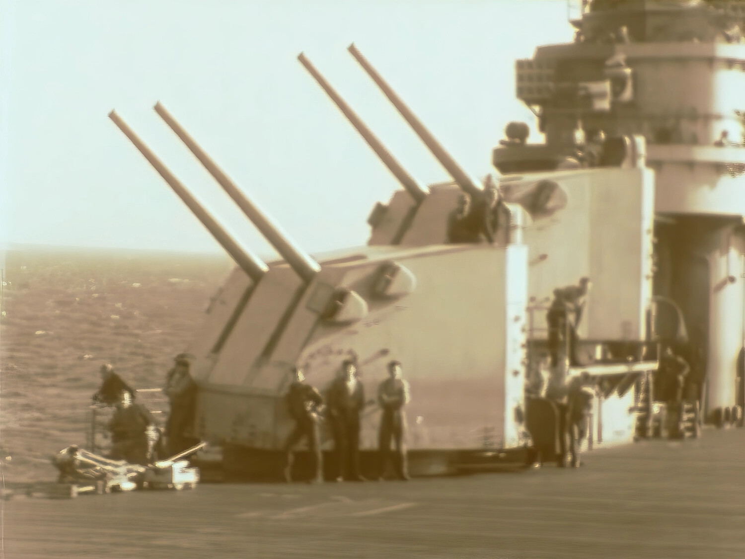 Twin Secondary Gun Turrets Aboard a Japanese Battleship (Yamato-Class), with Naval Personnel on Deck
