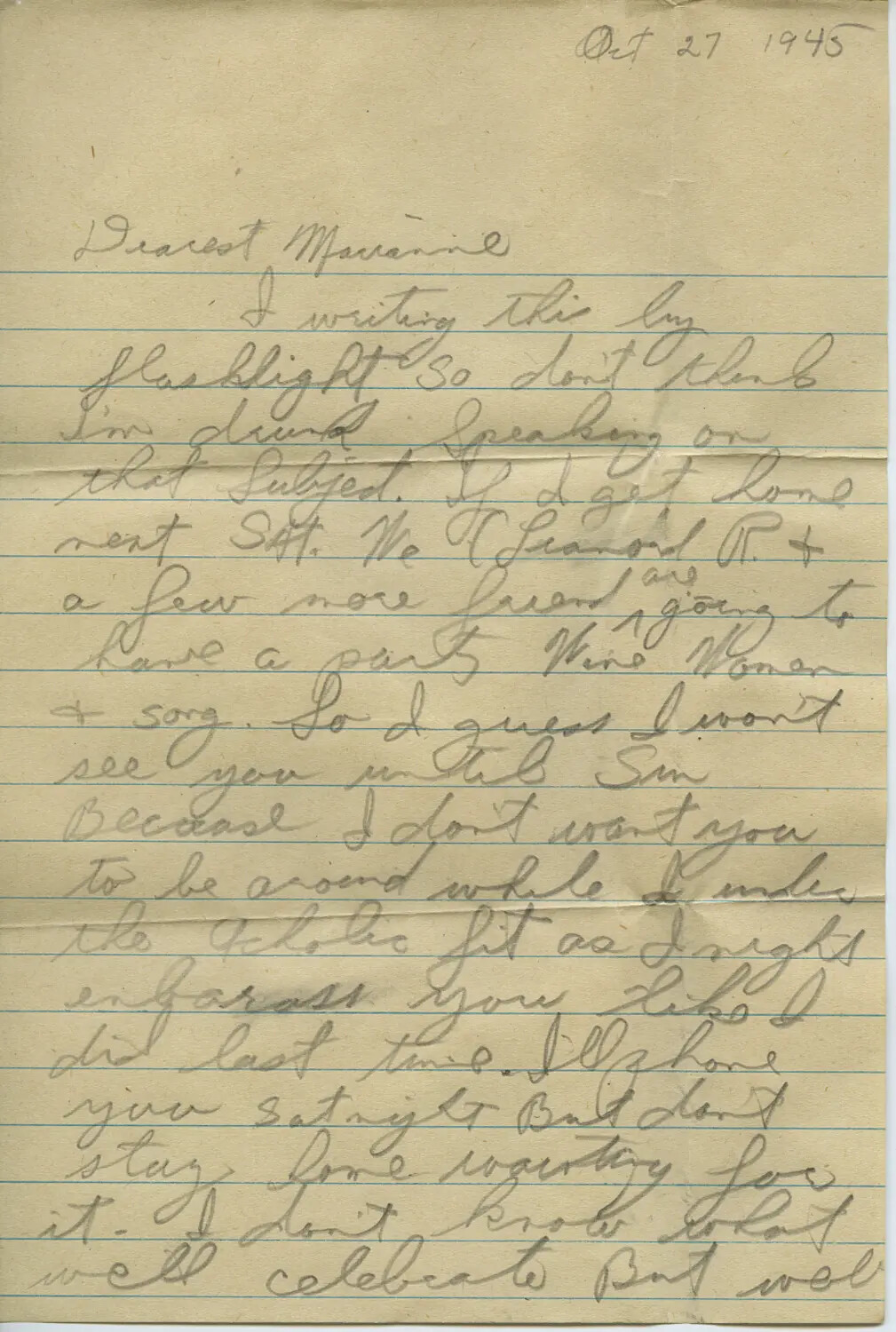 Handwritten Personal Letter to 'Marianne,' Dated October 27, 1945