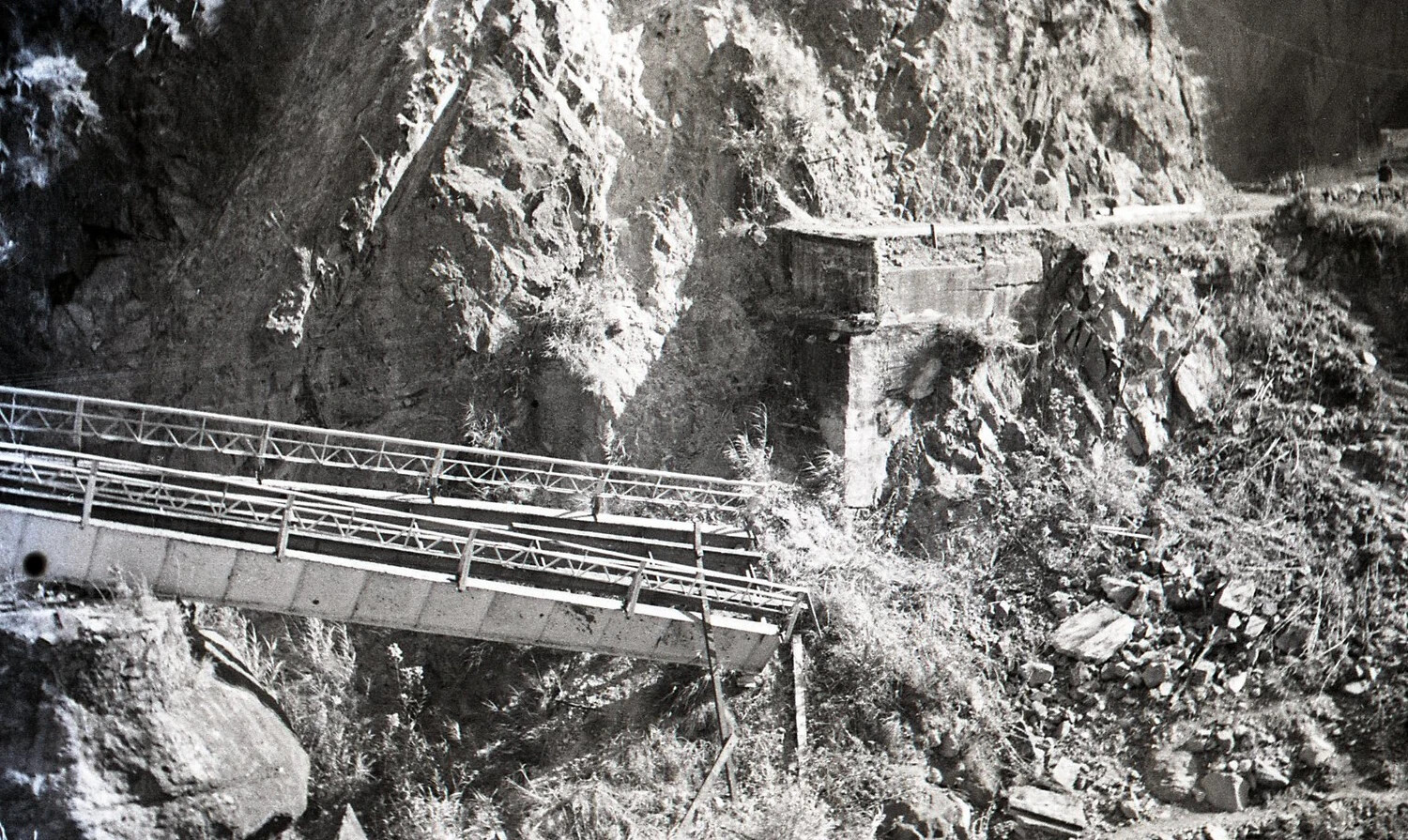 Severed Bridge Approach and Abutment Gap, Luzon, Philippines, World War II