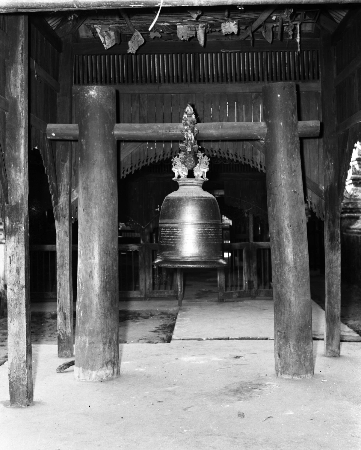 Ornate Bronze Temple Bell in Wooden Pavilion, Burma, WWII Era