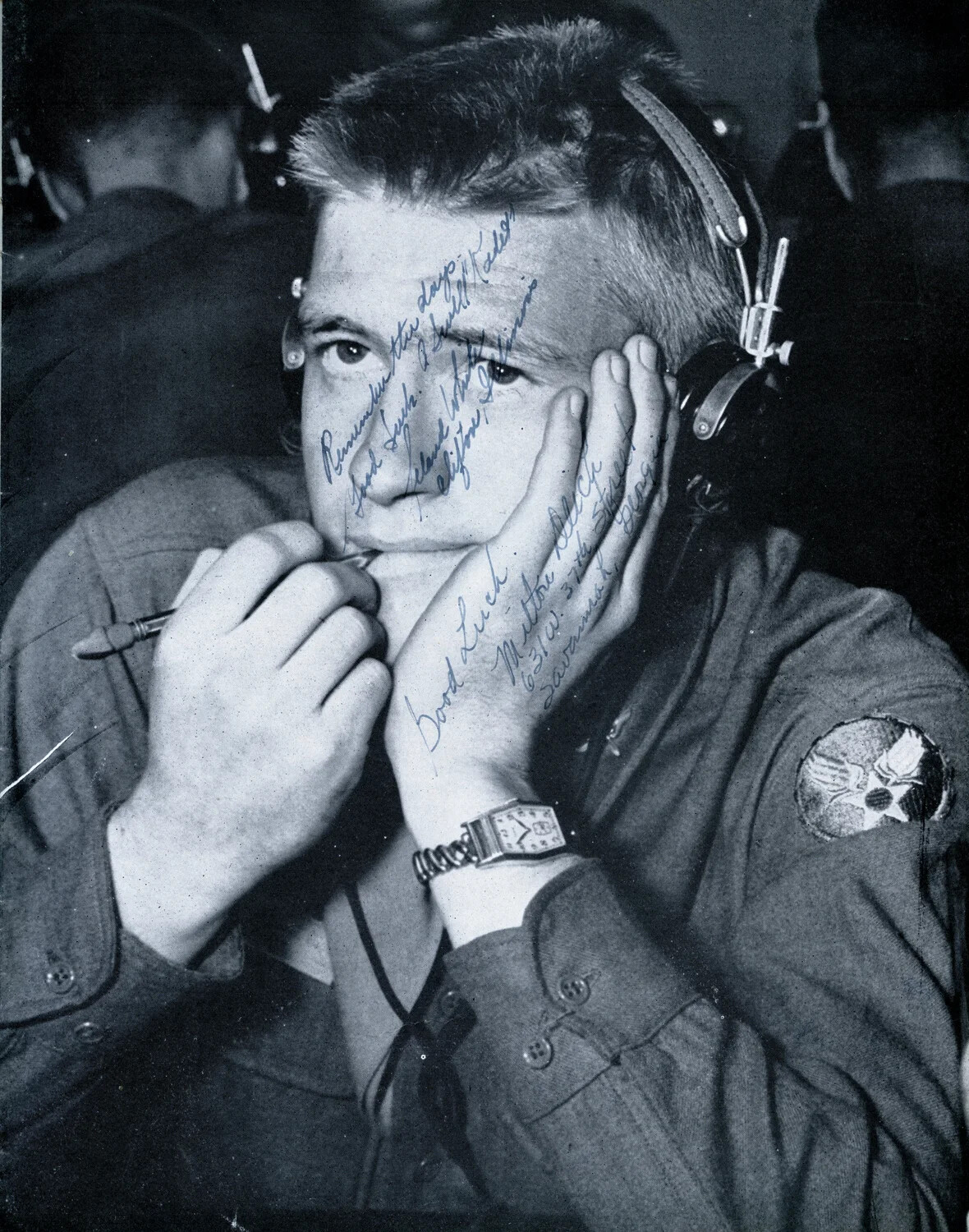 Portrait of Airman in Headset with Handwritten Inscription, WWII Army Air Forces Training Photograph