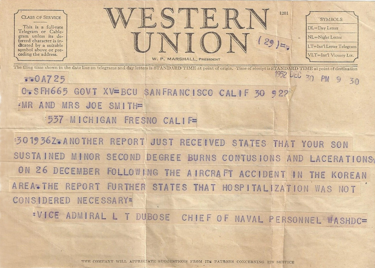 Western Union Telegram to Mr. and Mrs. Joe Smith Regarding Their Son's Korean War Aircraft Accident, December 30, 1952