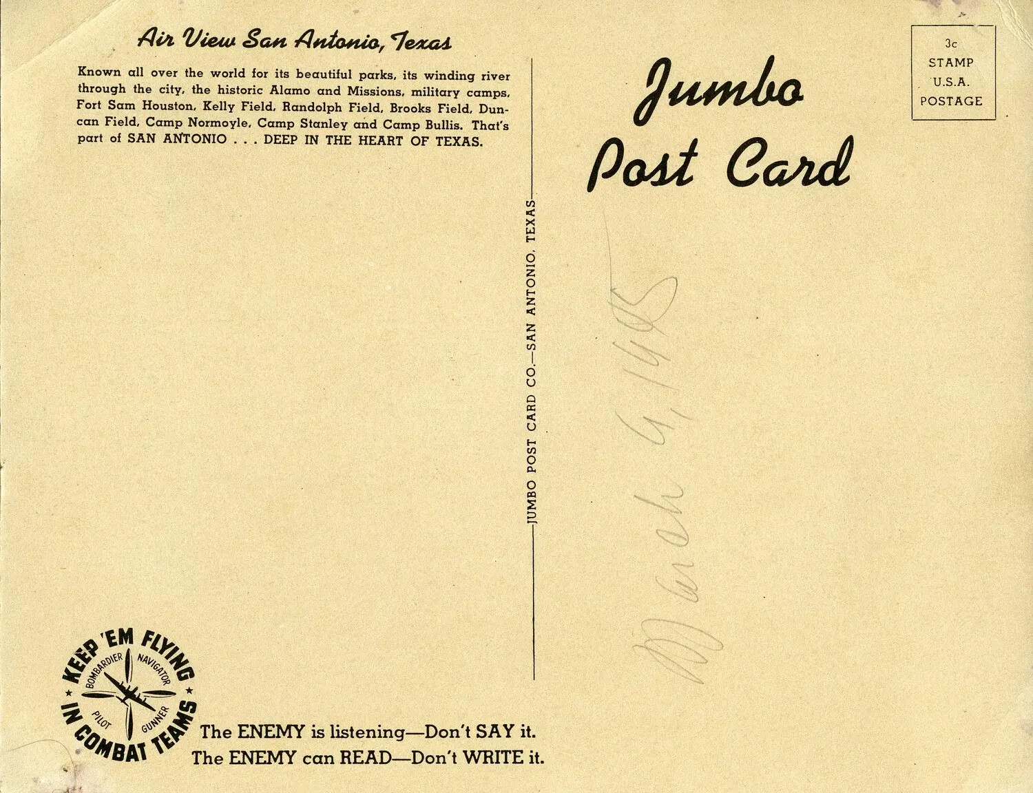 Reverse of 'Jumbo Post Card' - Air View of San Antonio, Texas, World War II Era