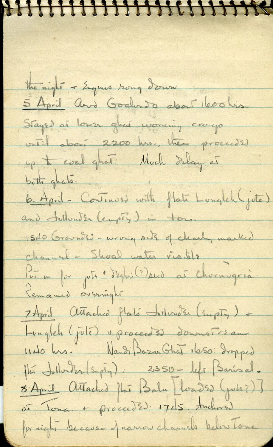 Handwritten Diary/Log Page: Goalundo Arrival, Grounding Incident, and Continued Cargo Runs, 5-8 April 1945