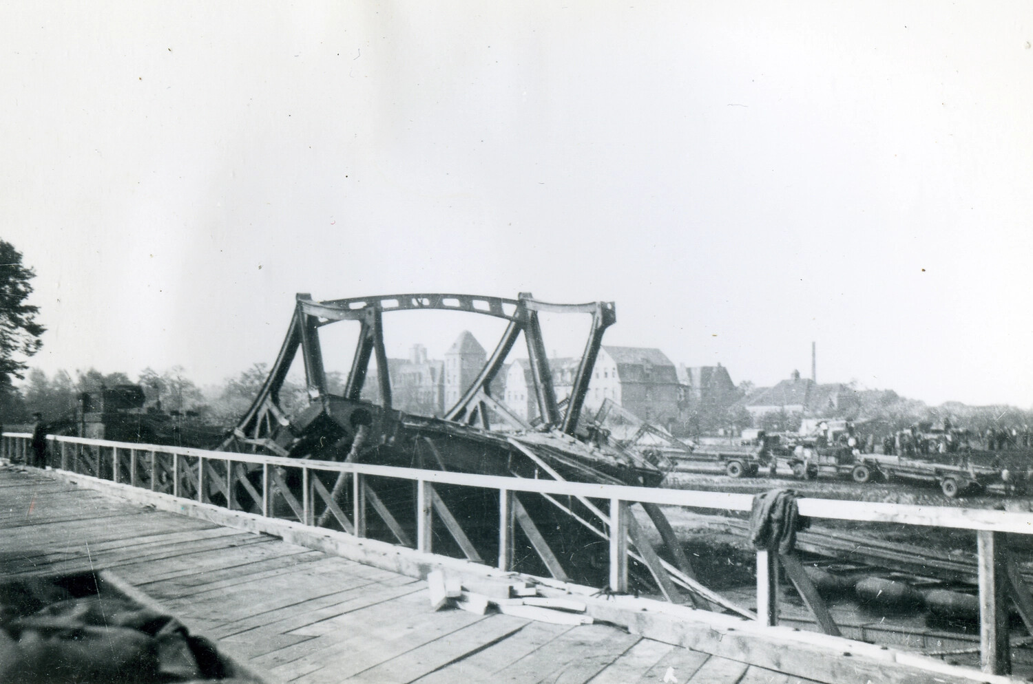 Destroyed Steel Truss Bridge with Temporary Engineer-Built Wooden Bypass, Germany