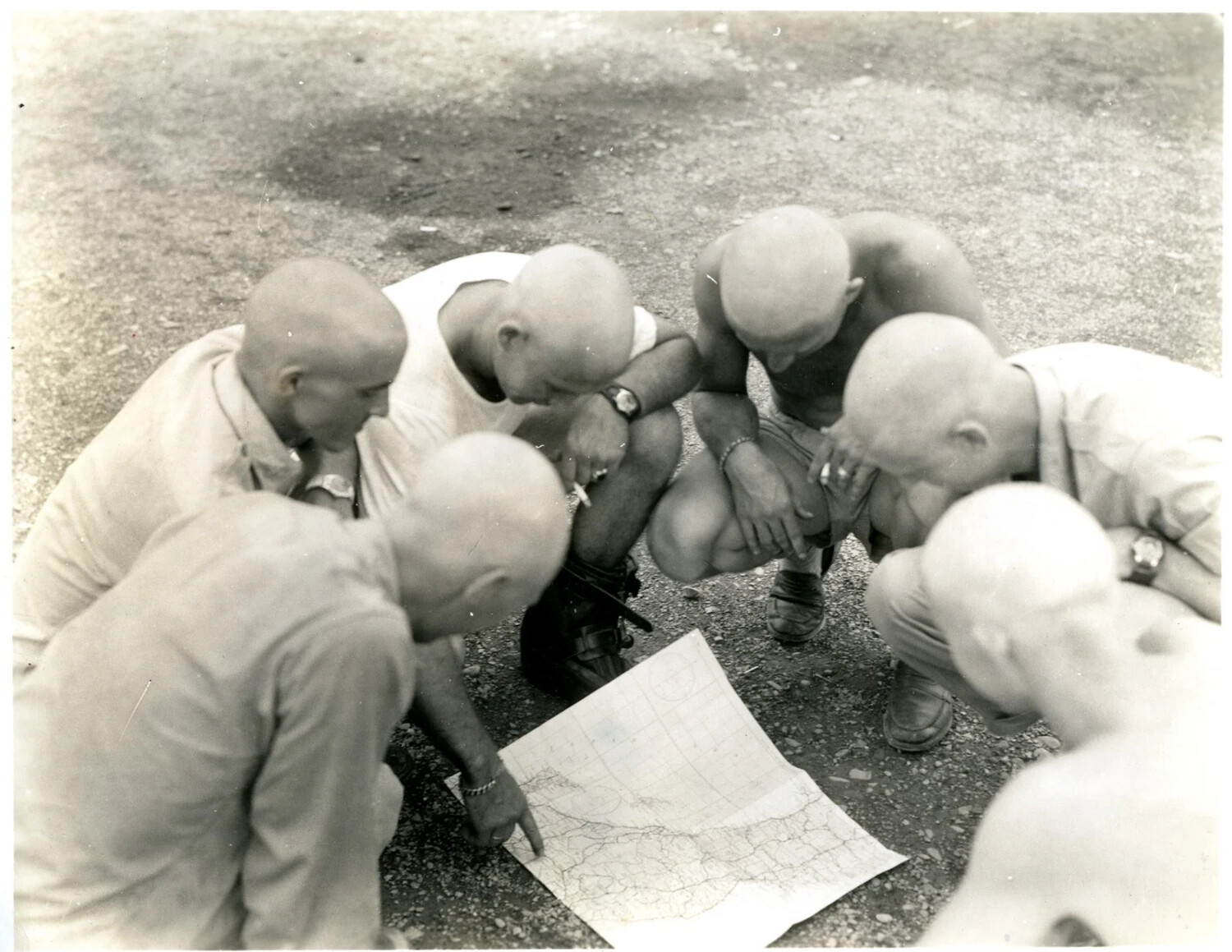 Allied Troops Consulting a Field Map, Possibly Burma/CBI Theater, World War II