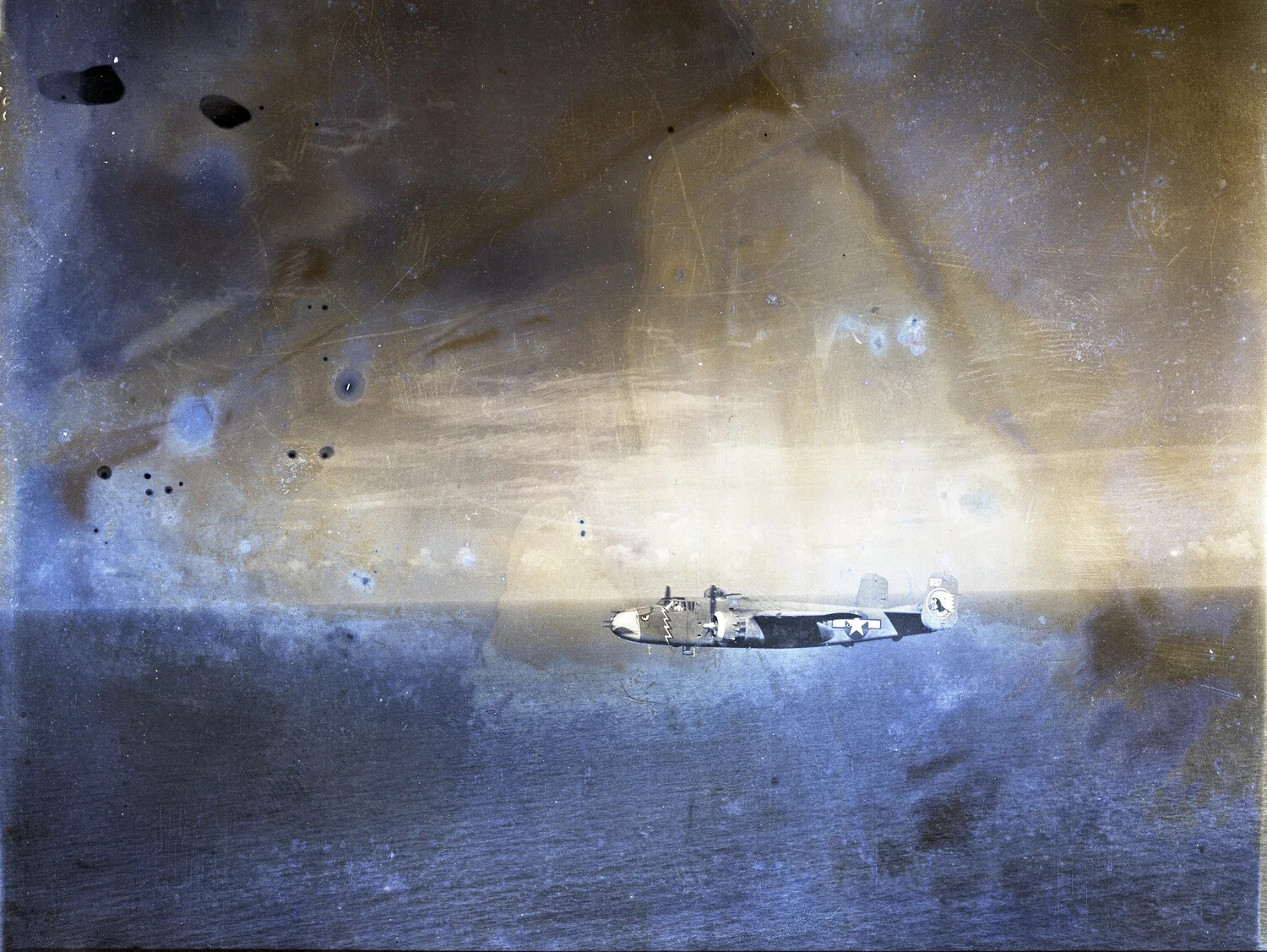 B-25 Mitchell Bomber in Flight over Open Ocean, Damaged Archival Negative, 345th Bombardment Group, WWII Pacific Theater