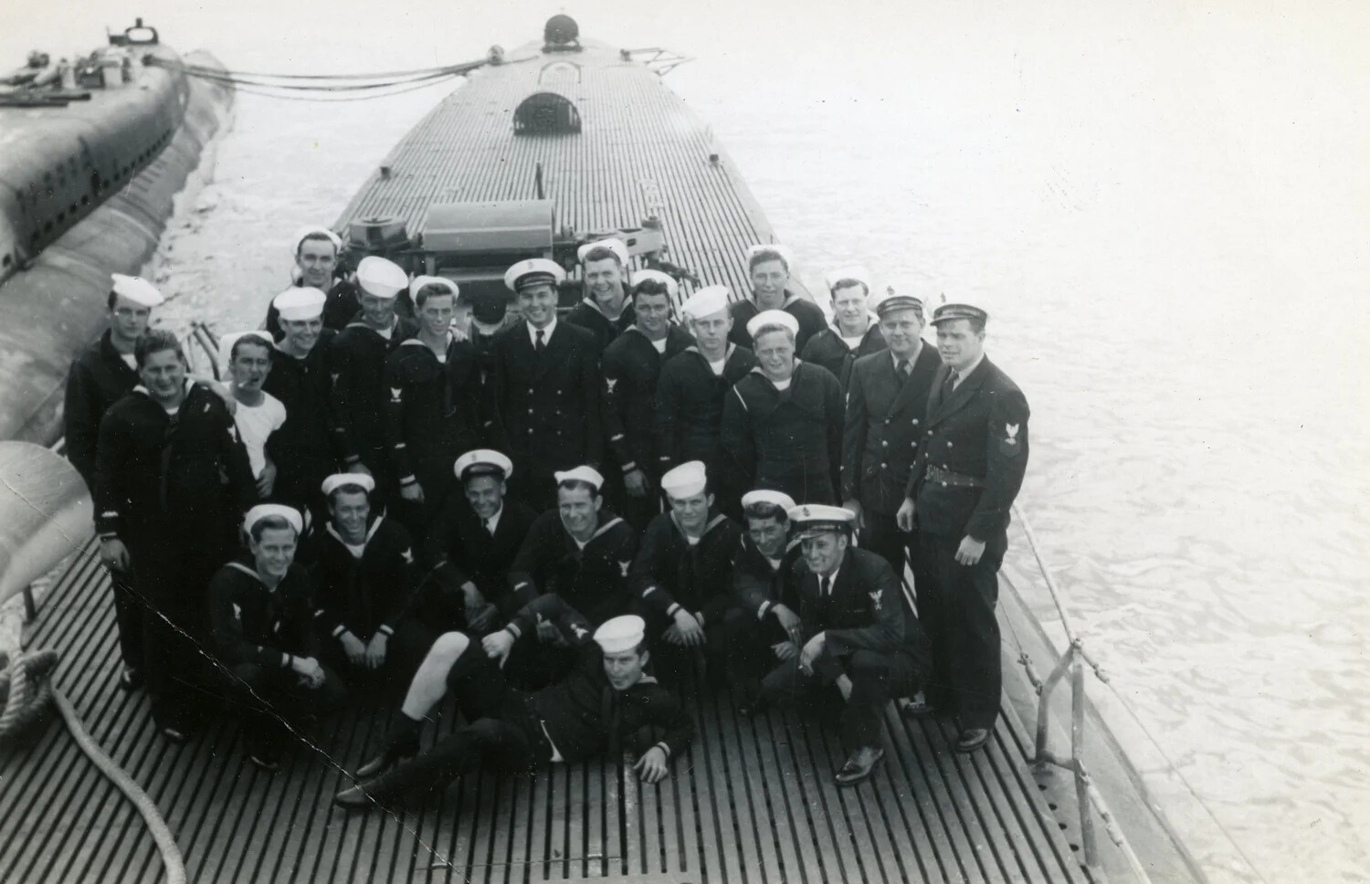 Full Crew Group Portrait Aboard Submarine Deck, WWII Era