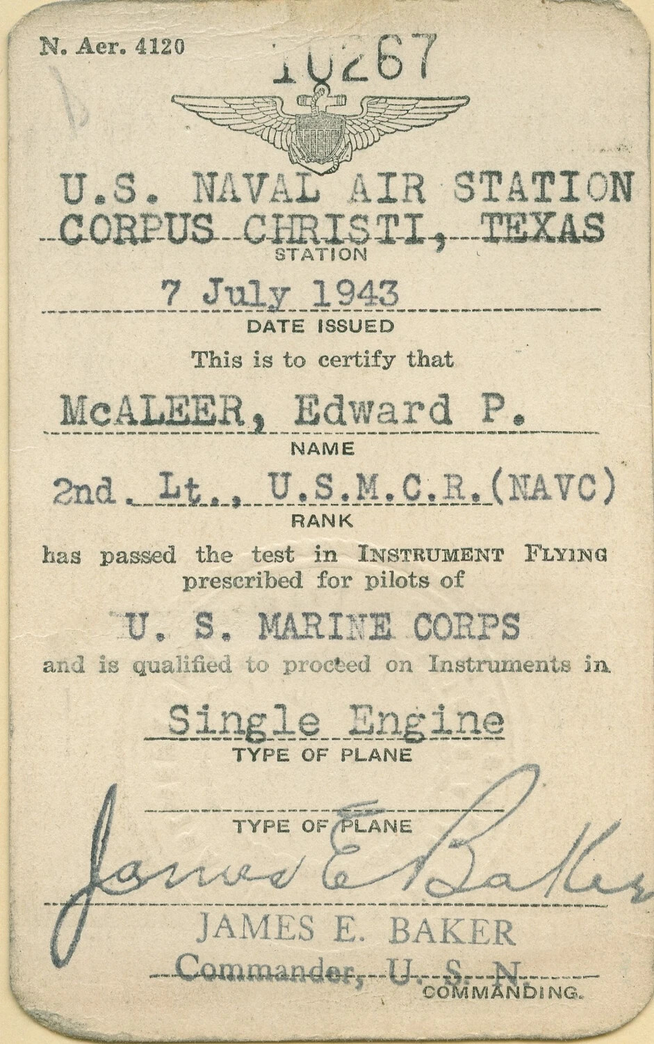 U.S. Naval Air Station Corpus Christi Instrument Flying Certification Card for 2nd Lt. Edward P. McAleer, 7 July 1943