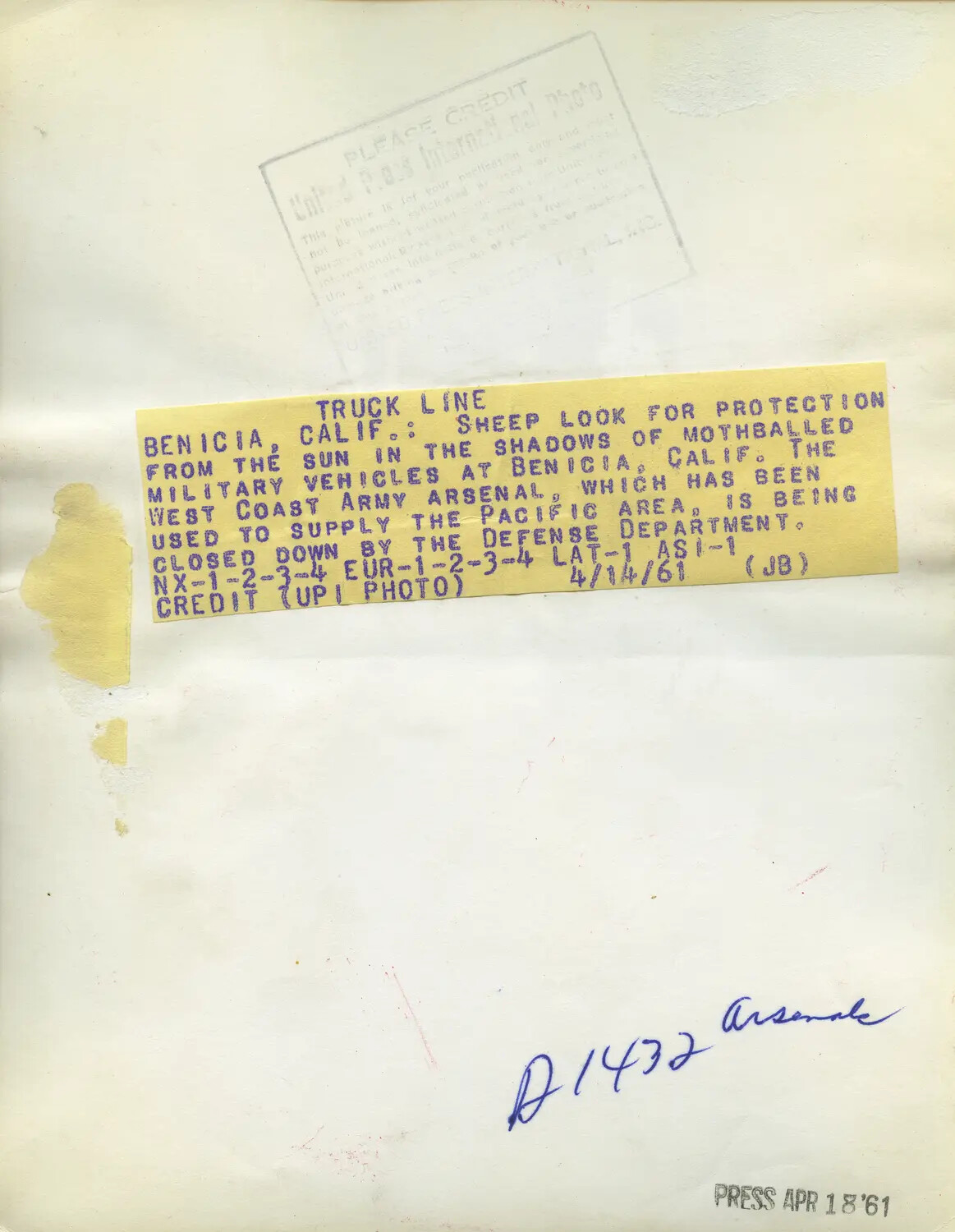 Verso of UPI Wire Photo Caption - 'Truck Line,' Benicia Arsenal Vehicle Storage Yard, 1961