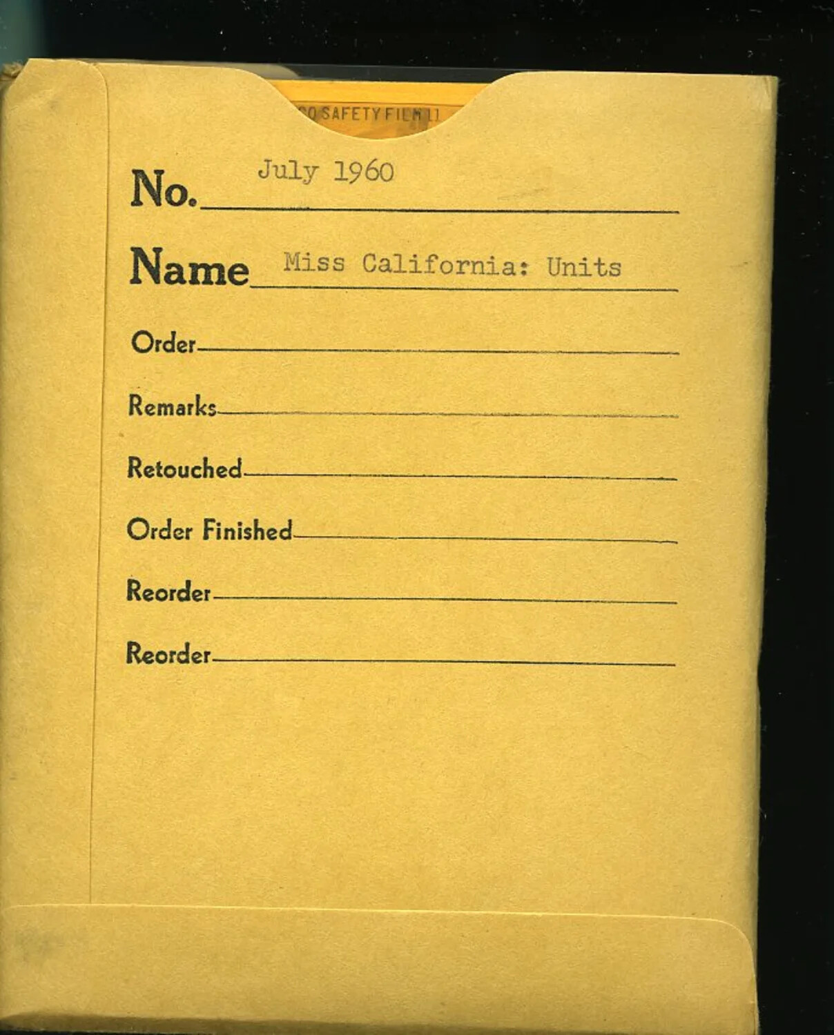 Photo Studio Order Envelope: 'Miss California: Units,' July 1960