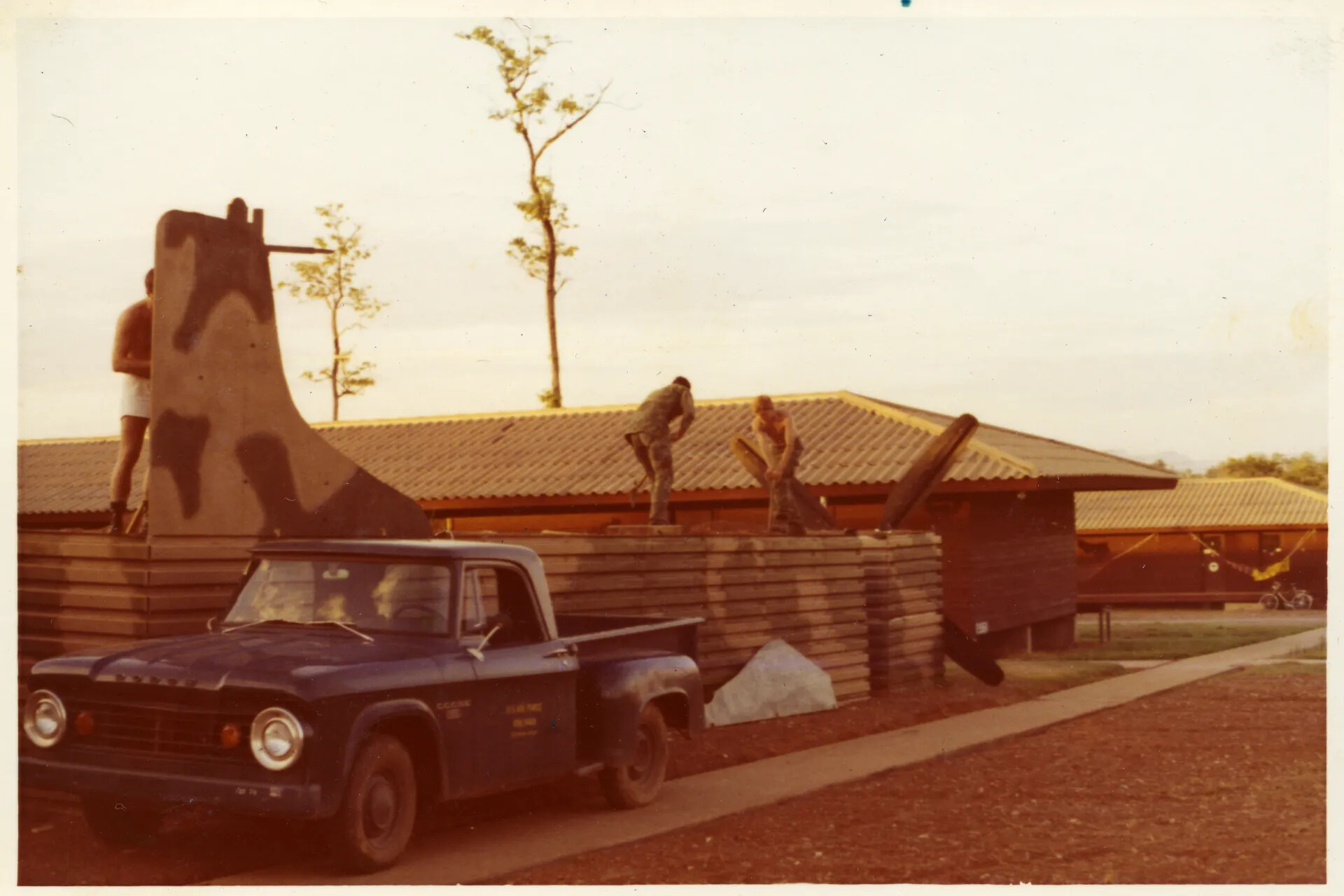 USAF Personnel Building Wooden Barracks Structure with Air Force Pickup Truck, Believed Nakhon Phanom RTAFB (NKP), Vietnam War Era
