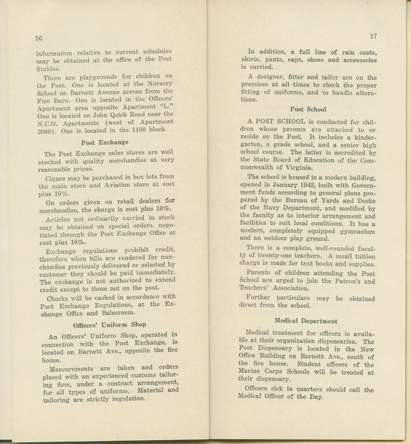 Marine Corps Post Information Booklet, Pages 16-17 (Officers' Uniform Shop, Post School, Medical Department)