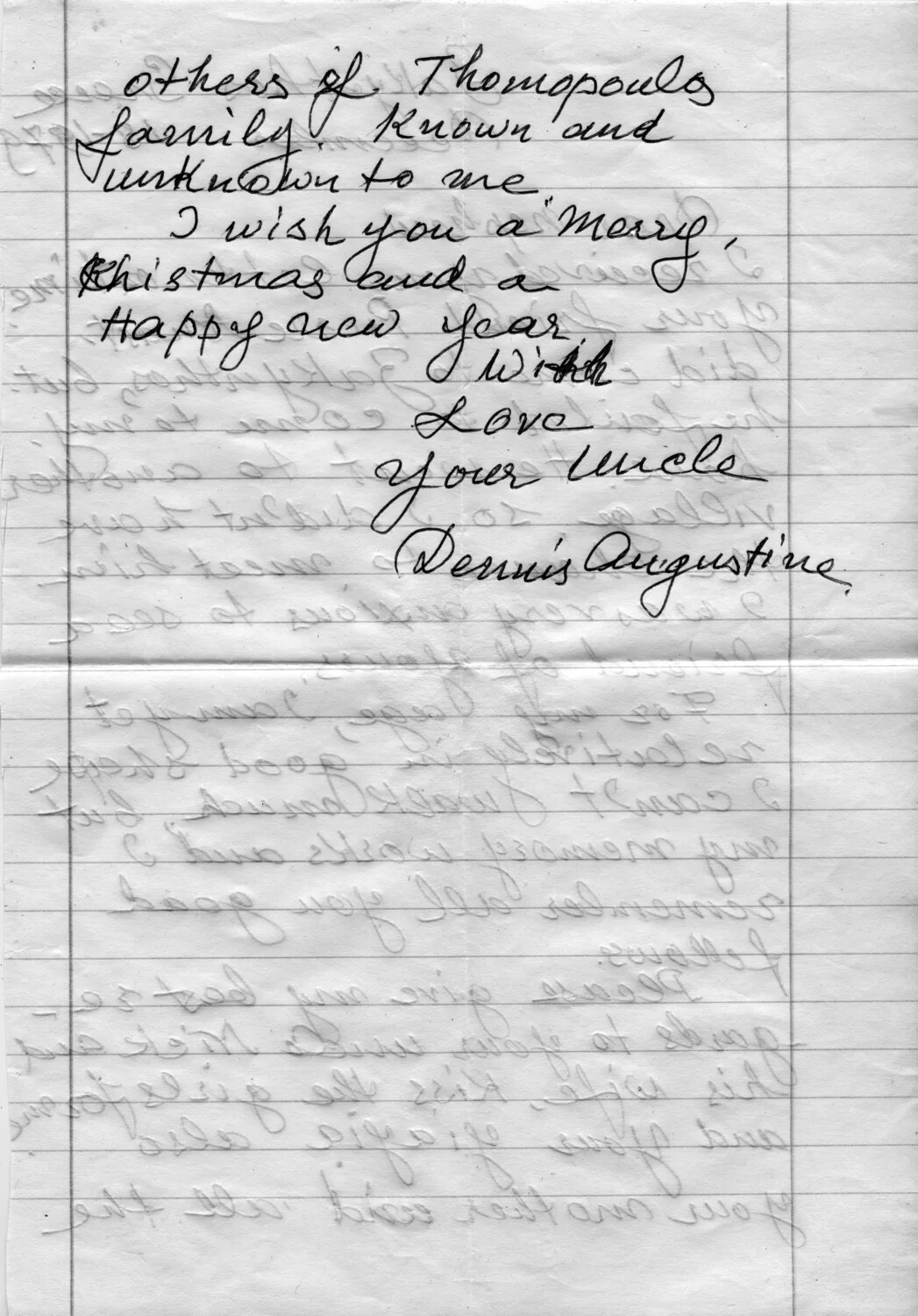 Handwritten Holiday Letter Fragment, Signed "Dennis Augustine" - Thomopoulo Family Correspondence