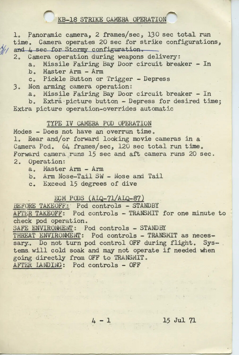 KB-18 Strike Camera, Type IV Camera Pod, and ECM Pod (ALQ-71/ALQ-87) Operating Procedures, USAF F-4 Manual (15 Jul 71)